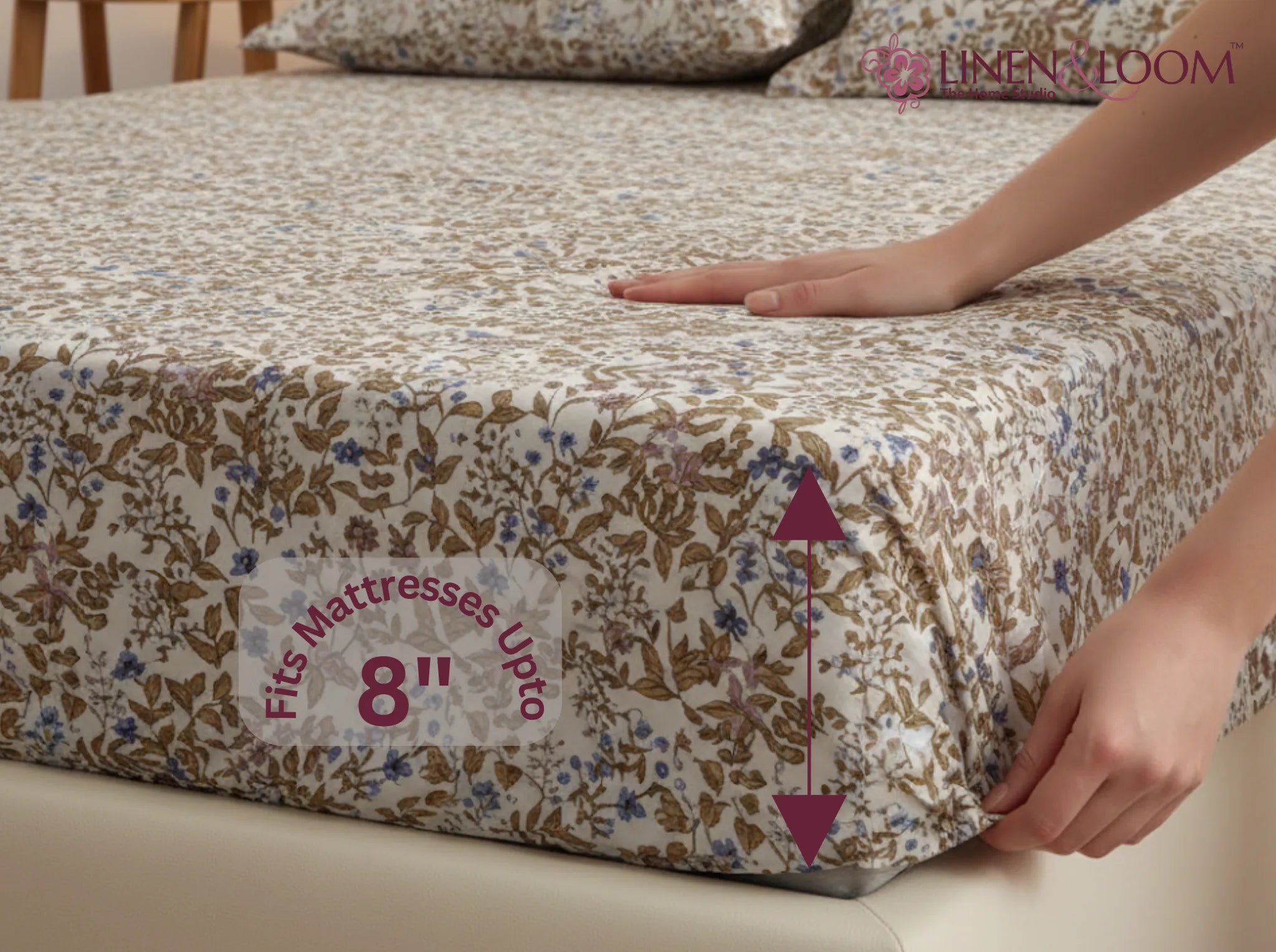 Willow Garden - Linen & Loom Pure Comfort Series 360° Elastic Fitted Bedsheet | Soft and Comfortable Bed Linen Set for a Cozy Bedroom | 200 TC | King Size 72x78 inches + 9 inches