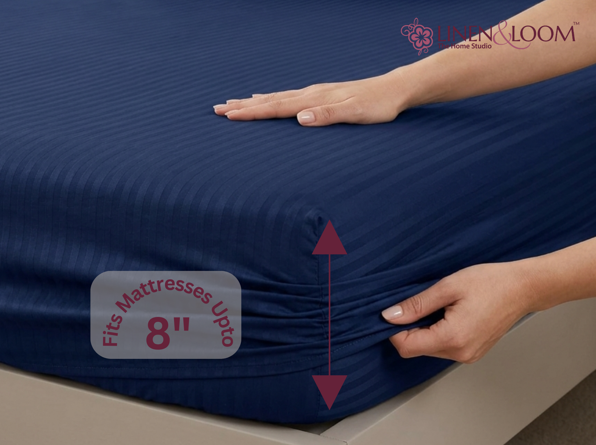Navy Blue - Linen & Loom Elegance King Size 360° Fitted (72X78 + 9 inches) Elasticated Bedsheet | Elegant Satin Stripes | No-Slip Design | Snug, Secure Grip | Fits Upto 8 Inch Mattress | 200 TC