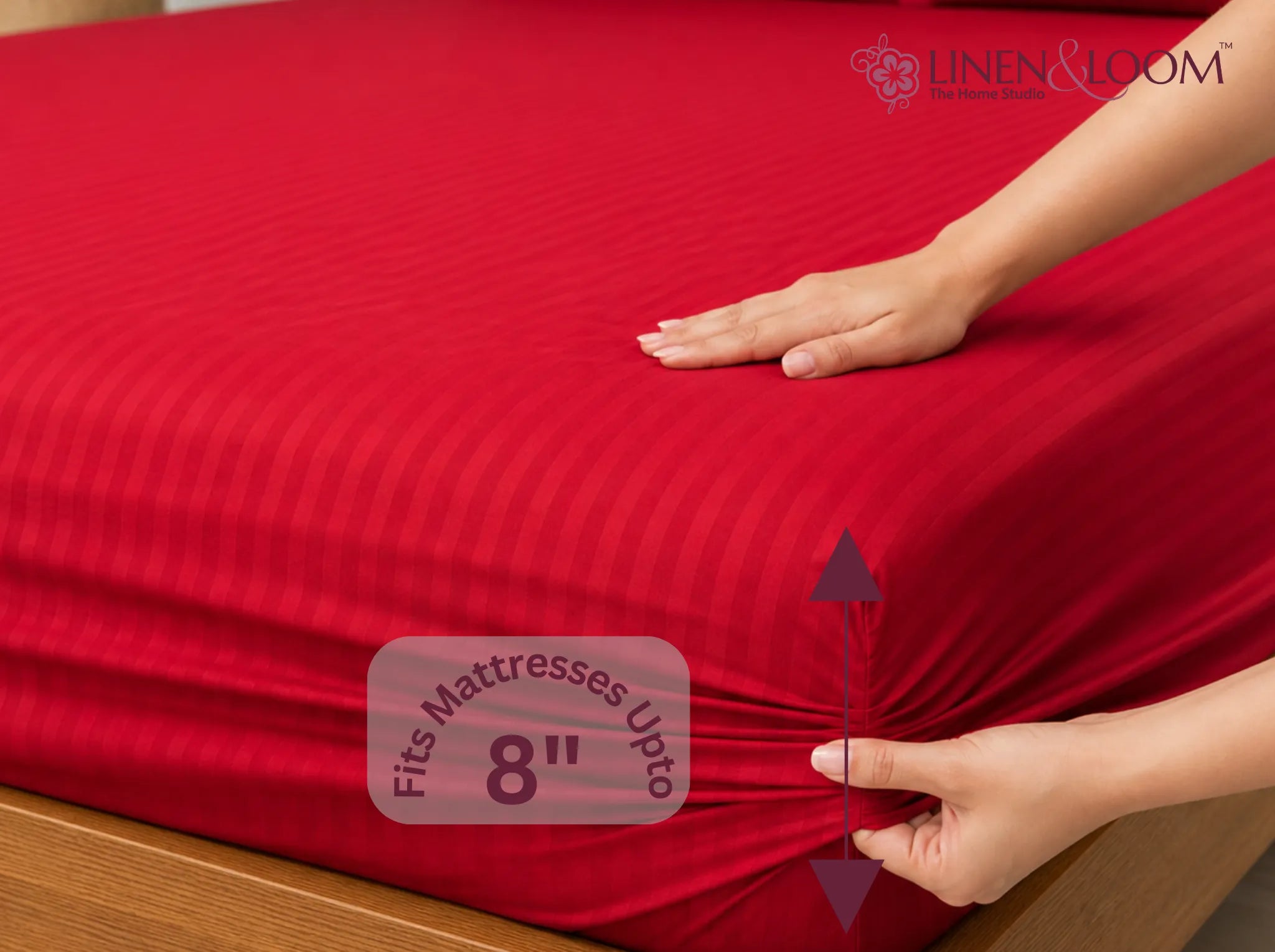 Bright Red - Linen & Loom Elegance King Size 360° Fitted (72X78 + 9 inches) Elasticated Bedsheet | Elegant Satin Stripes | No-Slip Design | Snug, Secure Grip | Fits Upto 8 Inch Mattress | 200 TC