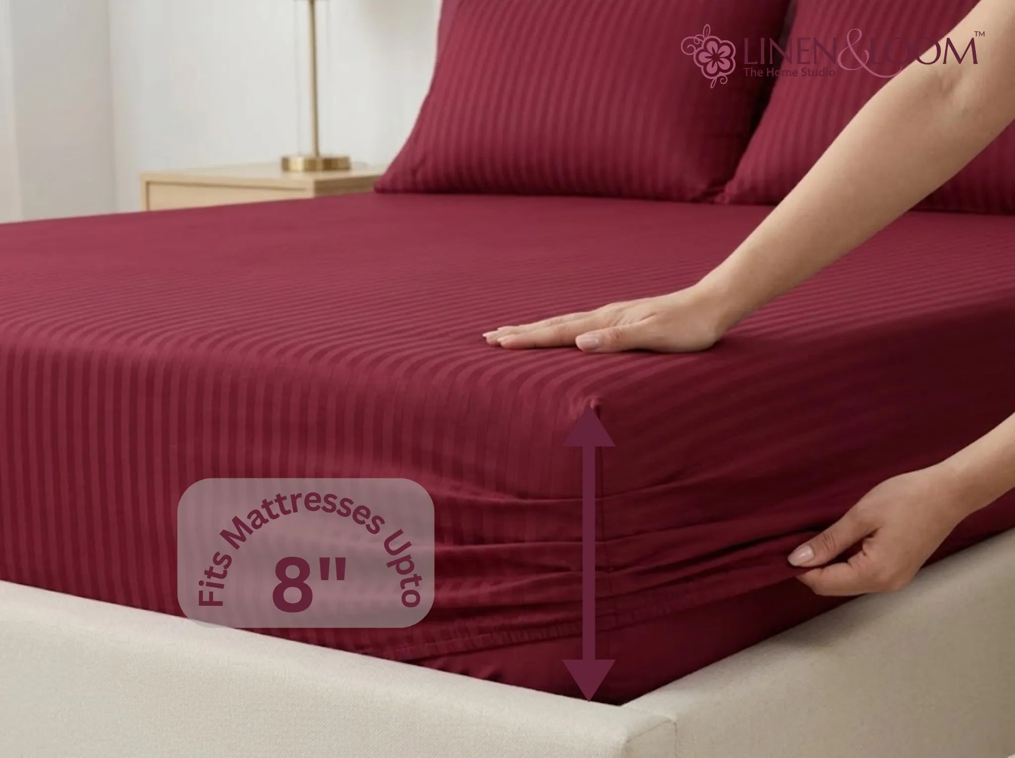 Maroon - Linen & Loom Elegance King Size 360° Fitted (72X78 + 9 inches) Elasticated Bedsheet | Elegant Satin Stripes | No-Slip Design | Snug, Secure Grip | Fits Upto 8 Inch Mattress | 200 TC