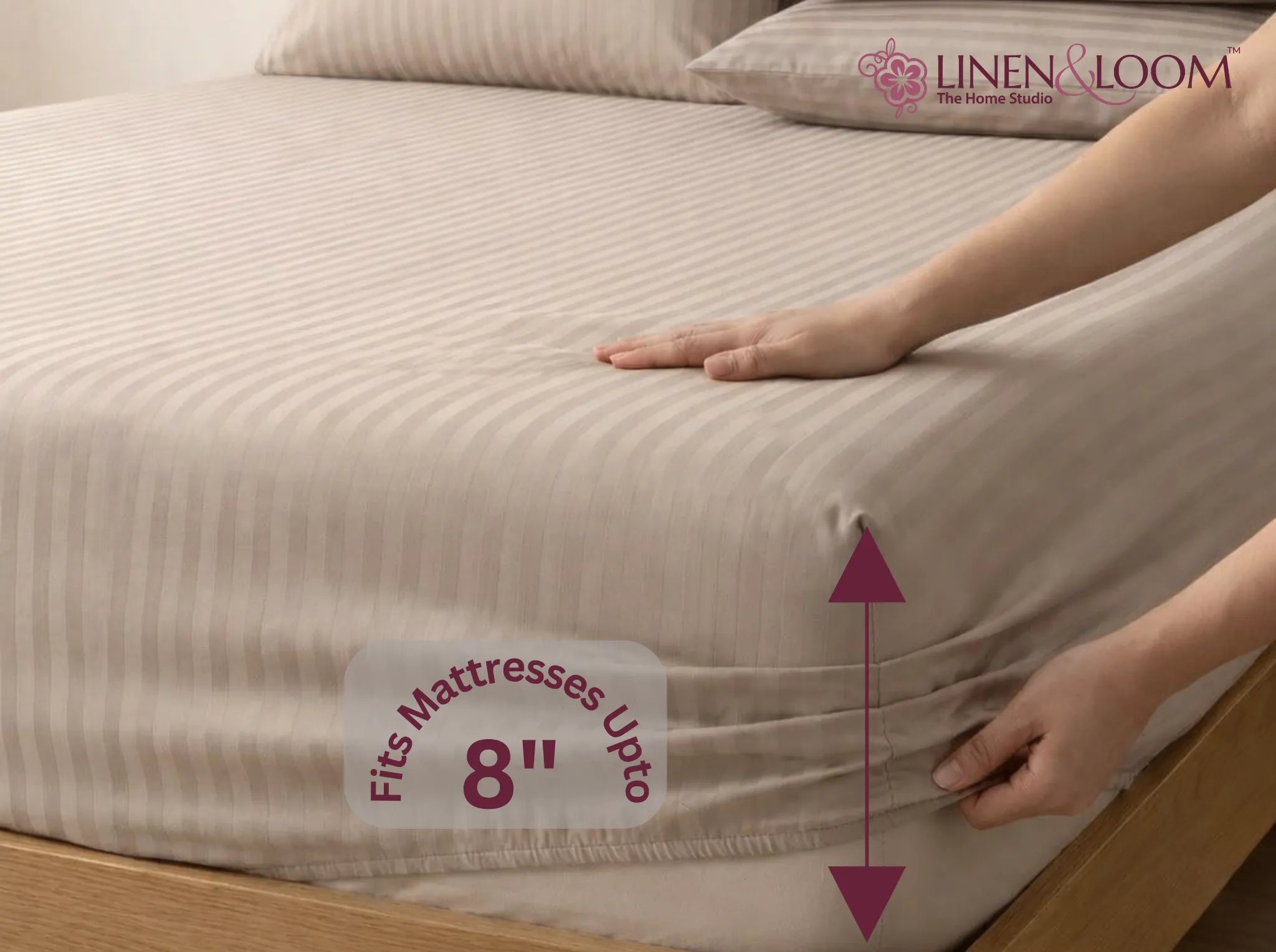 Beige - Linen & Loom Elegance King Size 360° Fitted (72X78 + 9 inches) Elasticated Bedsheet | Elegant Satin Stripes | No-Slip Design | Snug, Secure Grip | Fits Upto 8 Inch Mattress | 200 TC