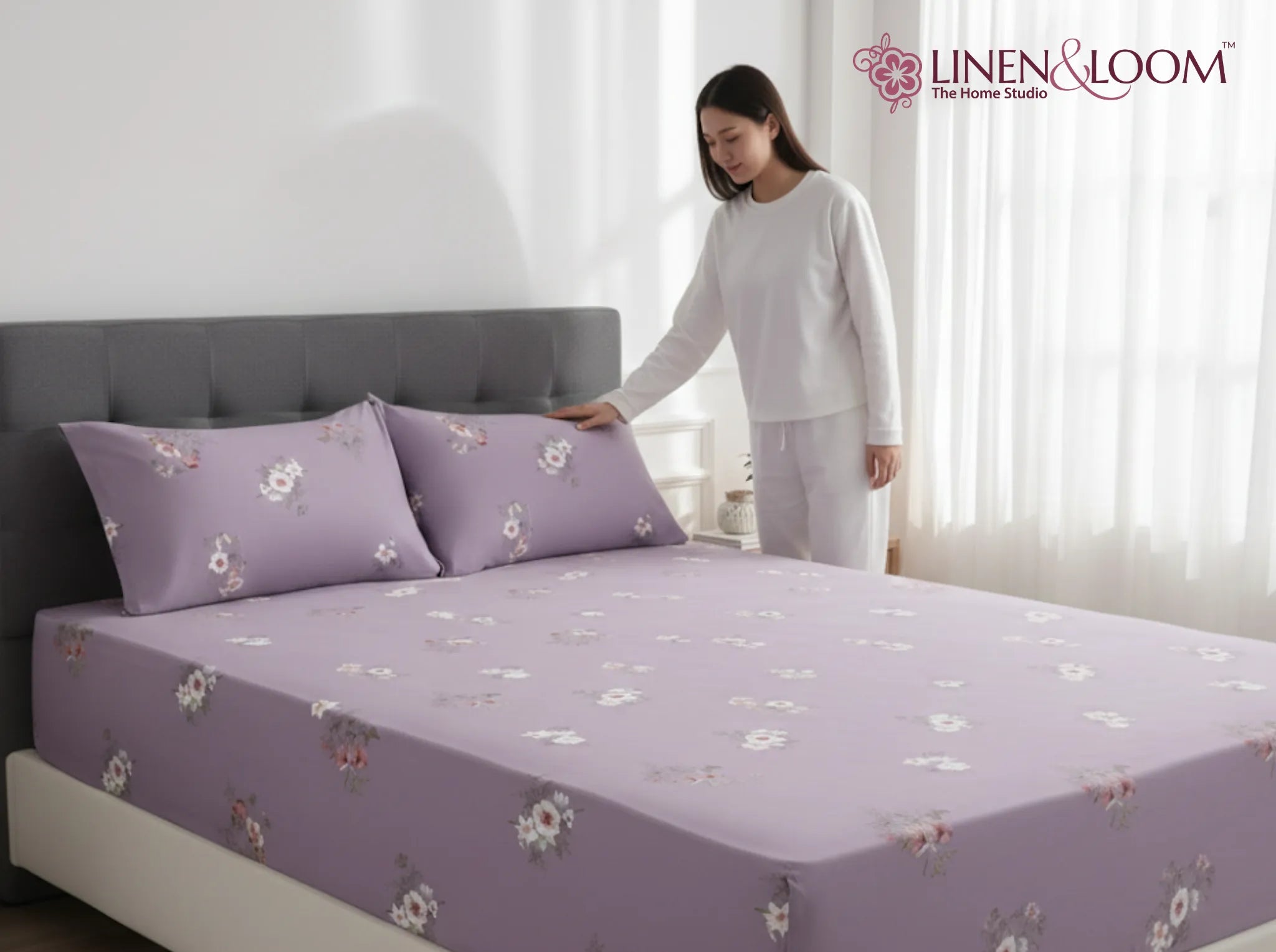 Lilac Petals - Linen & Loom Pure Comfort Series 360° Elastic Fitted Bedsheet | Soft and Comfortable Bed Linen Set for a Cozy Bedroom | 200 TC | King Size 72x78 inches + 9 inches