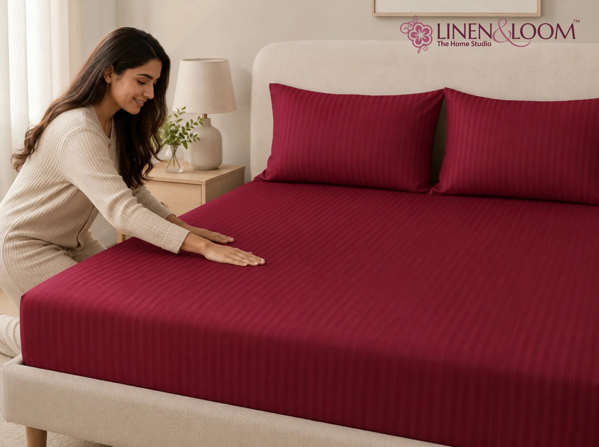 Maroon - Linen & Loom Elegance King Size 360° Fitted (72X78 + 9 inches) Elasticated Bedsheet | Elegant Satin Stripes | No-Slip Design | Snug, Secure Grip | Fits Upto 8 Inch Mattress | 200 TC