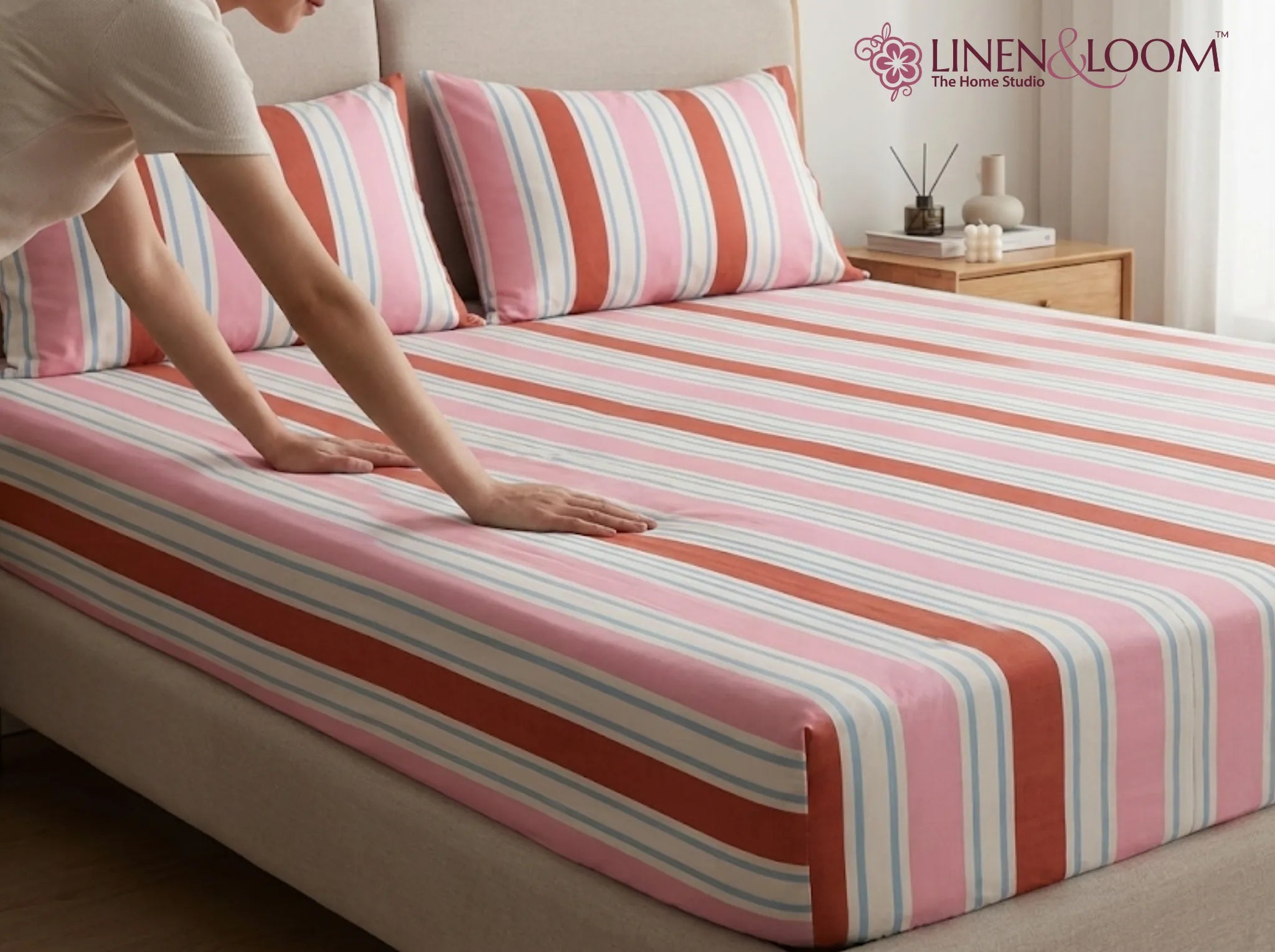Rosewood Breeze - Linen & Loom Pure Comfort Series 360° Elastic Fitted Bedsheet | Soft and Comfortable Bed Linen Set for a Cozy Bedroom | 200 TC | King Size 72x78 inches + 9 inches