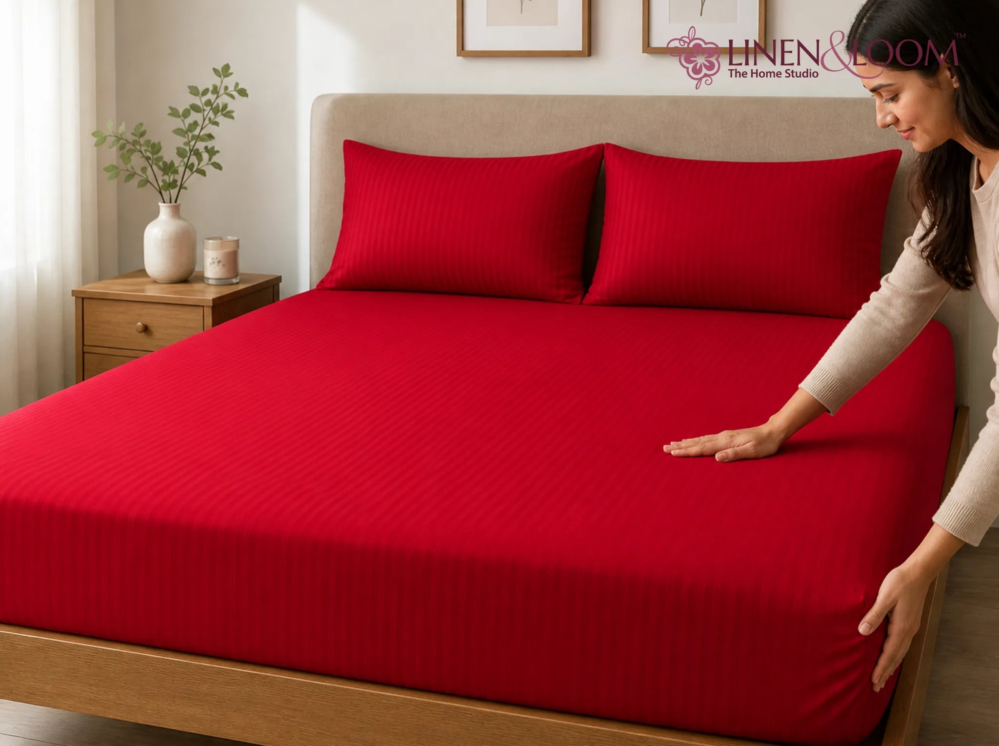 Bright Red - Linen & Loom Elegance King Size 360° Fitted (72X78 + 9 inches) Elasticated Bedsheet | Elegant Satin Stripes | No-Slip Design | Snug, Secure Grip | Fits Upto 8 Inch Mattress | 200 TC