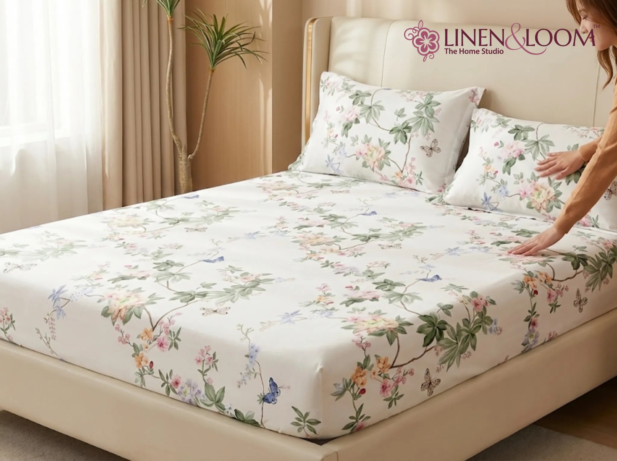 Morning Camellia - Linen & Loom Pure Comfort Series 360° Elastic Fitted Bedsheet | Soft and Comfortable Bed Linen Set for a Cozy Bedroom | 200 TC | King Size 72x78 inches + 9 inches