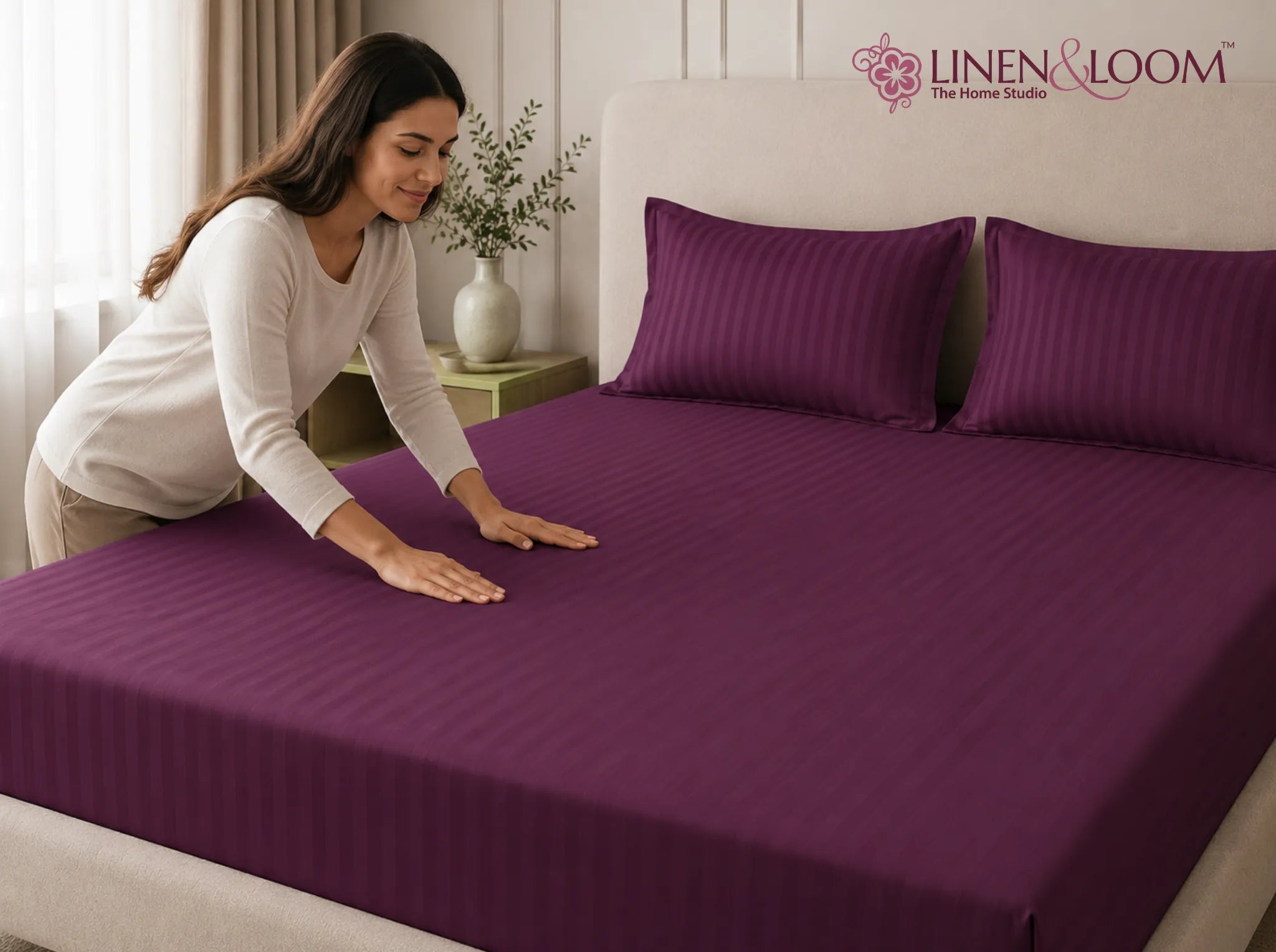Wine - Linen & Loom Elegance King Size 360° Fitted (72X78 + 9 inches) Elasticated Bedsheet | Elegant Satin Stripes | No-Slip Design | Snug, Secure Grip | Fits Upto 8 Inch Mattress | 200 TC
