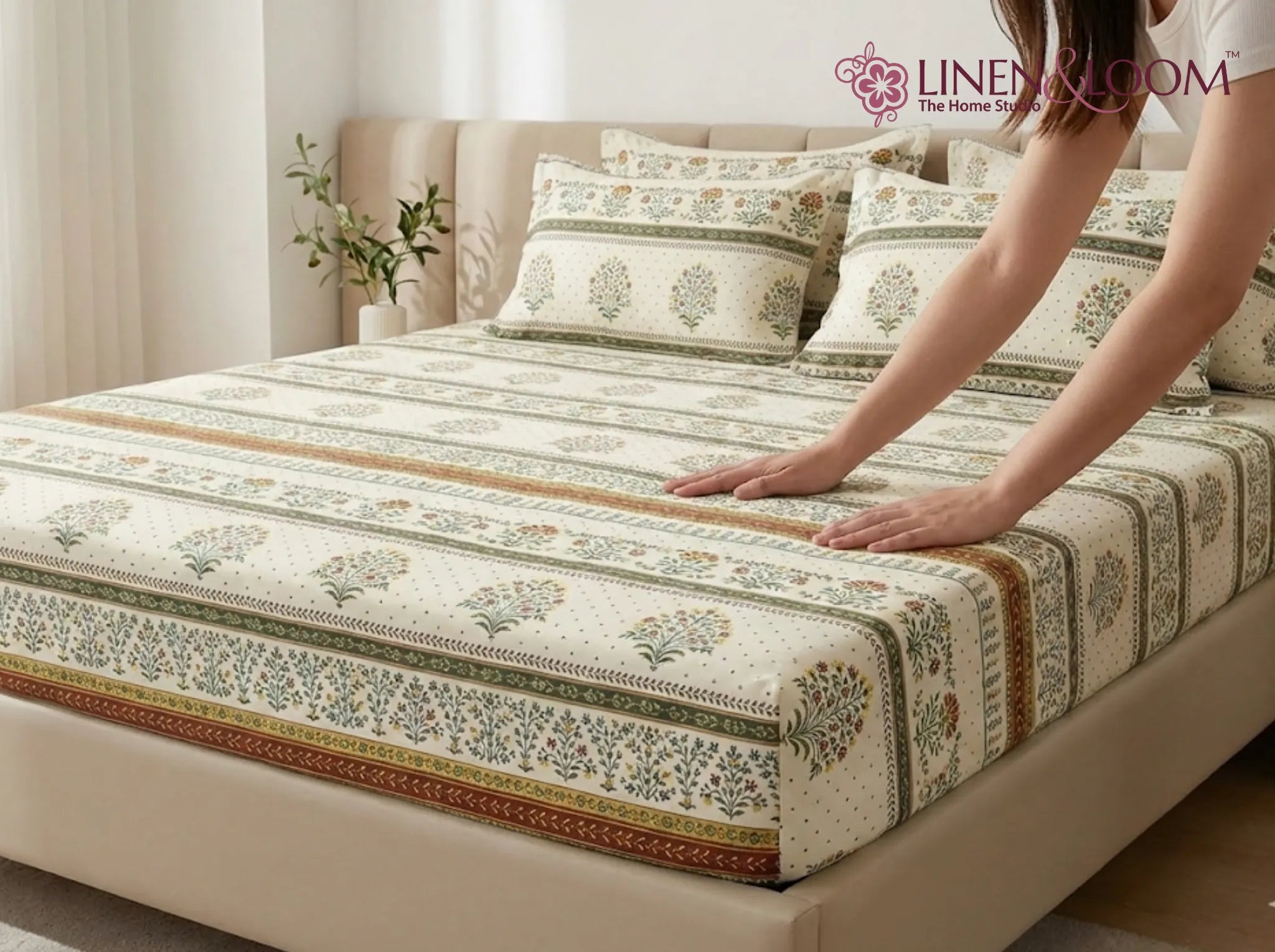 Earthen Blossom - Linen & Loom Pure Comfort Series 360° Elastic Fitted Bedsheet | Soft and Comfortable Bed Linen Set for a Cozy Bedroom | 200 TC | King Size 72x78 inches + 9 inches