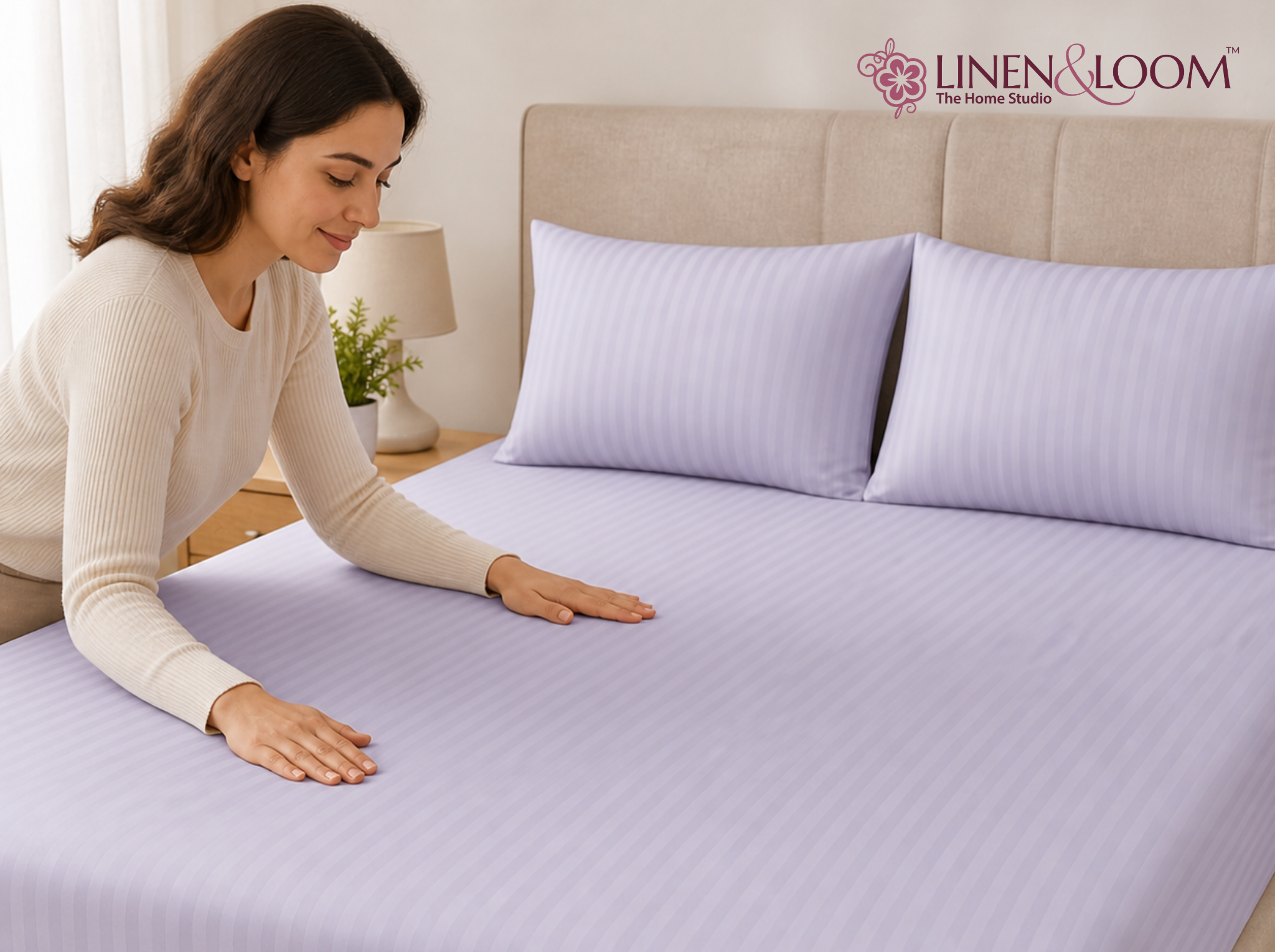 Light Grey - Linen & Loom Elegance King Size 360° Fitted (72X78 + 9 inches) Elasticated Bedsheet | Elegant Satin Stripes | No-Slip Design | Snug, Secure Grip | Fits Upto 8 Inch Mattress | 200 TC