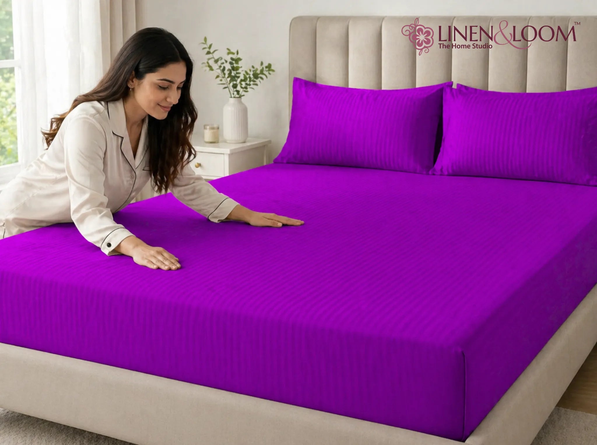 Purple - Linen & Loom Elegance King Size 360° Fitted (72X78 + 9 inches) Elasticated Bedsheet | Elegant Satin Stripes | No-Slip Design | Snug, Secure Grip | Fits Upto 8 Inch Mattress | 200 TC