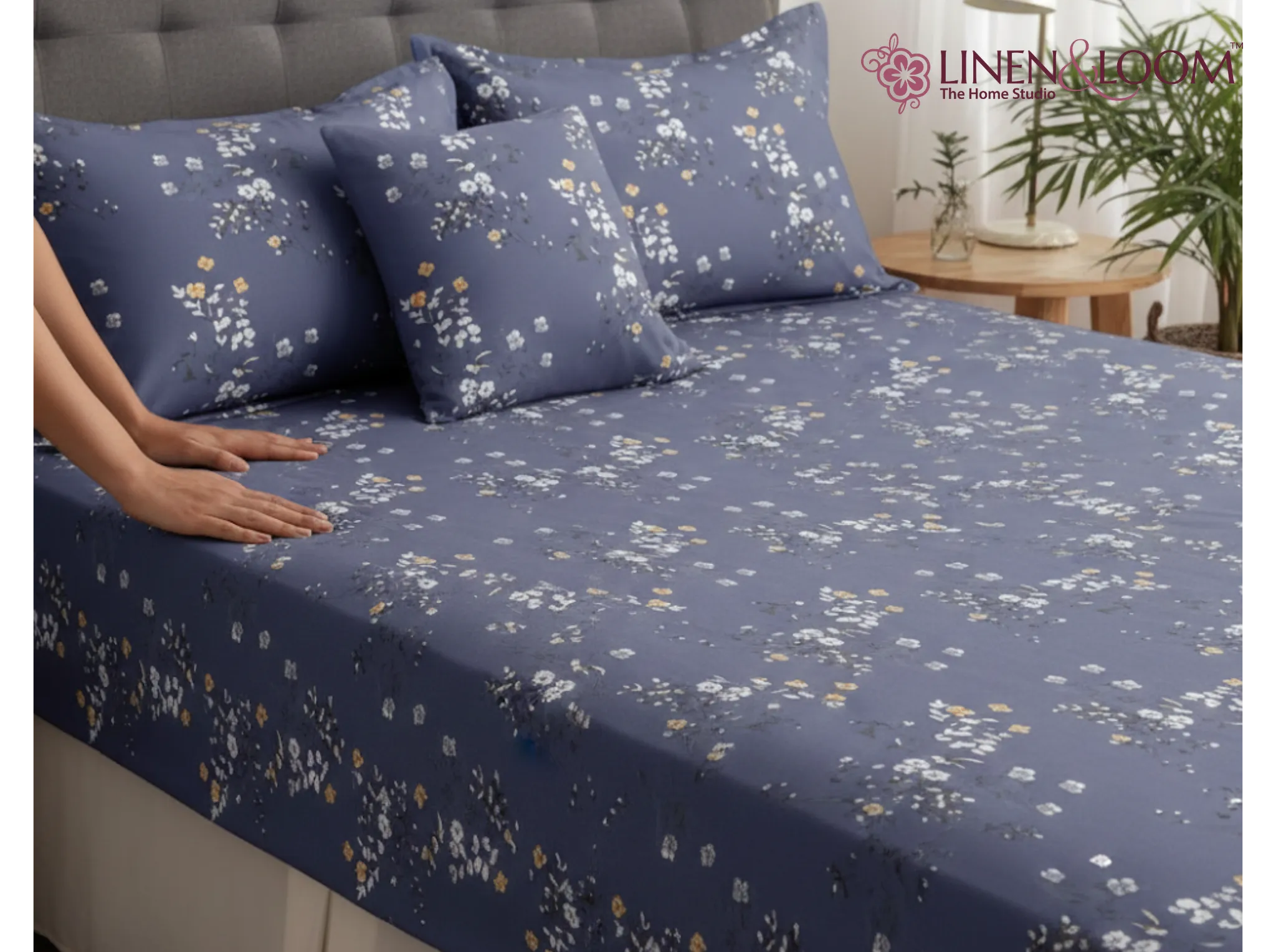 Moonflower Blue - Linen & Loom Pure Comfort Series 360° Elastic Fitted Bedsheet | Soft and Comfortable Bed Linen Set for a Cozy Bedroom | 200 TC | King Size 72x78 inches + 9 inches