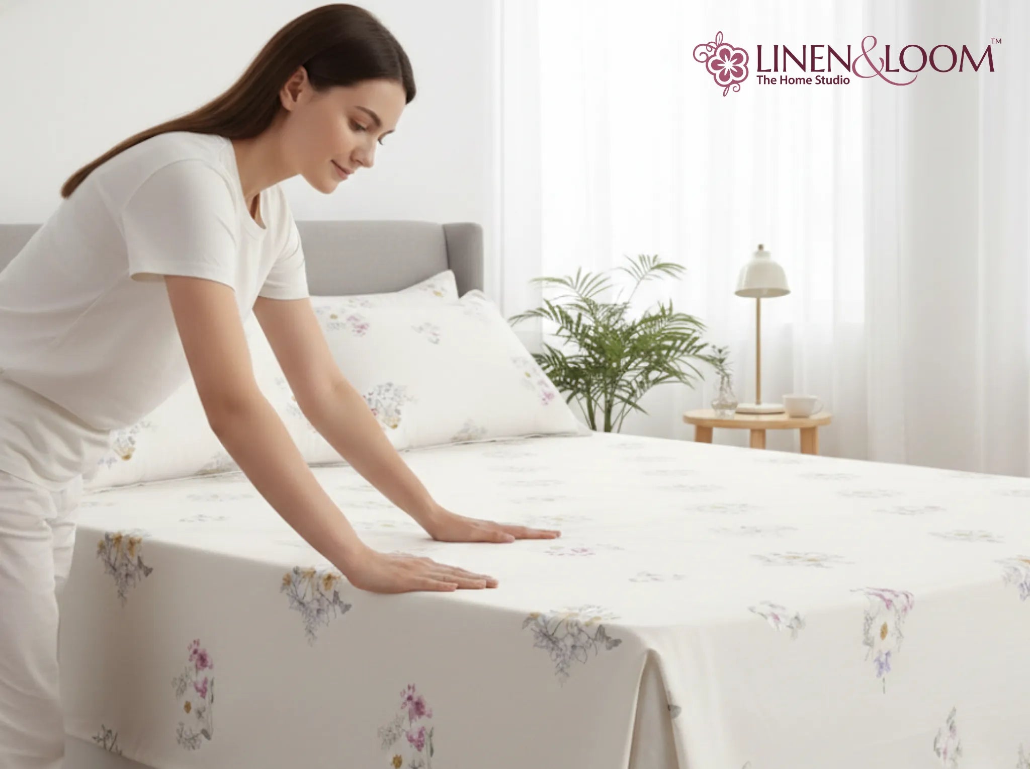 Porcelain Petals - Linen & Loom Pure Comfort Series 360° Elastic Fitted Bedsheet | Soft and Comfortable Bed Linen Set for a Cozy Bedroom | 200 TC | King Size 72x78 inches + 9 inches