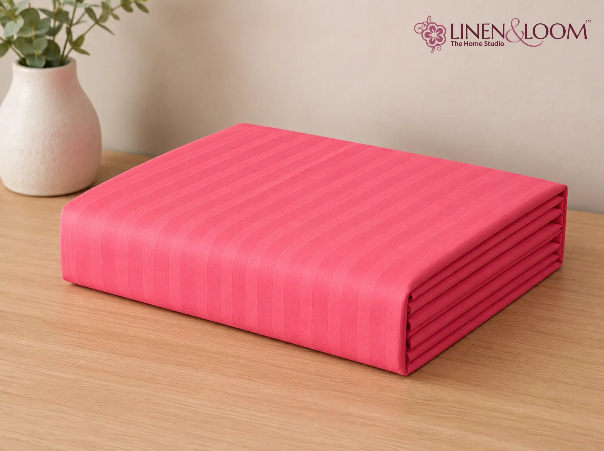 Flamingo Pink - Linen & Loom Elegance Series King Size Bedsheet (90 x 100 Inches) with 2 Pillow Covers | Luxury Striped Cotton Blend | 200 TC | Soft, Breathable & Hotel-Style Finish