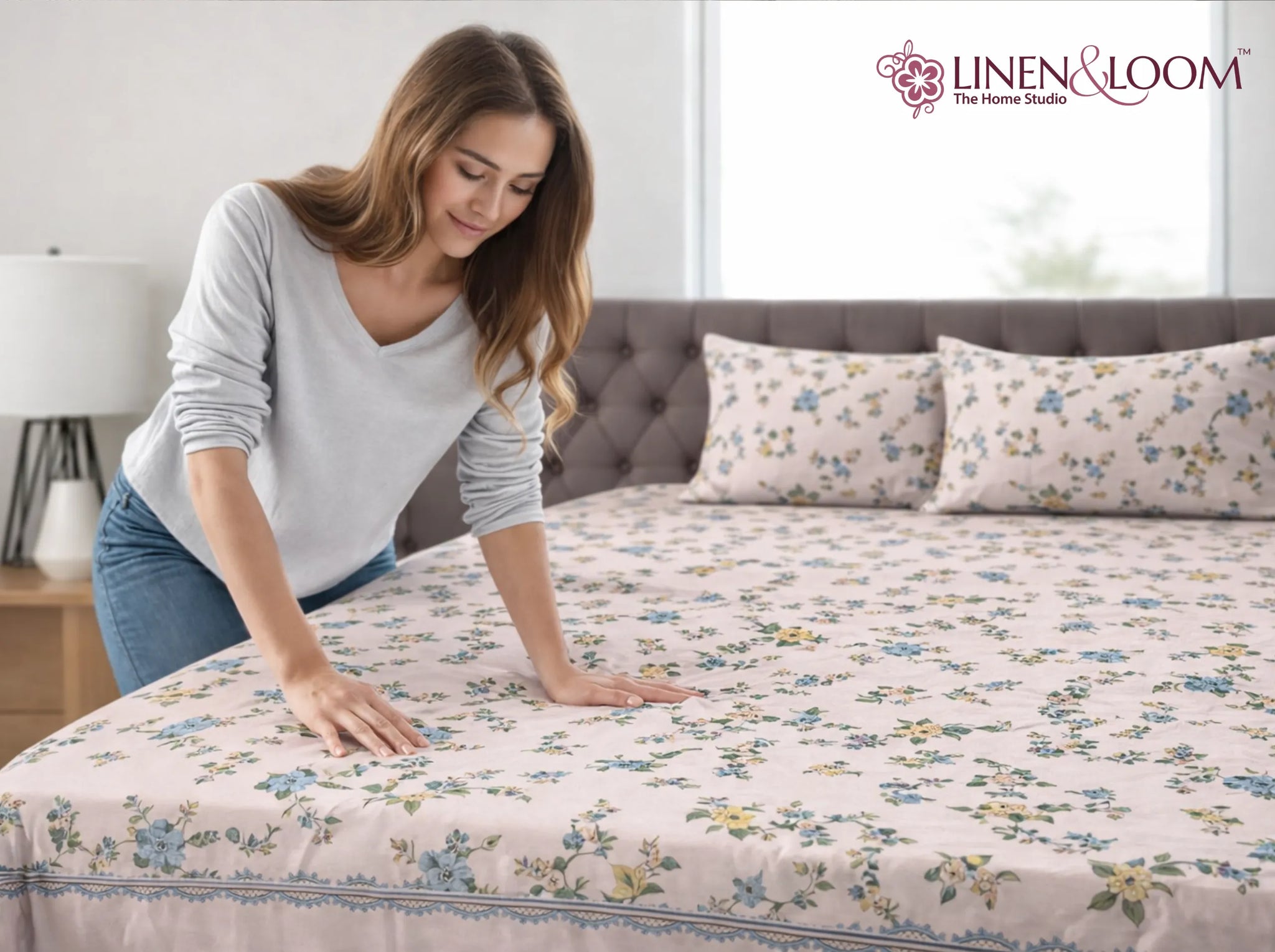 Bloom Elegance - Linen & Loom Pure Comfort Series 360° Elastic Fitted Bedsheet | Soft and Comfortable Bed Linen Set for a Cozy Bedroom | 200 TC | King Size 72x78 inches + 9 inches