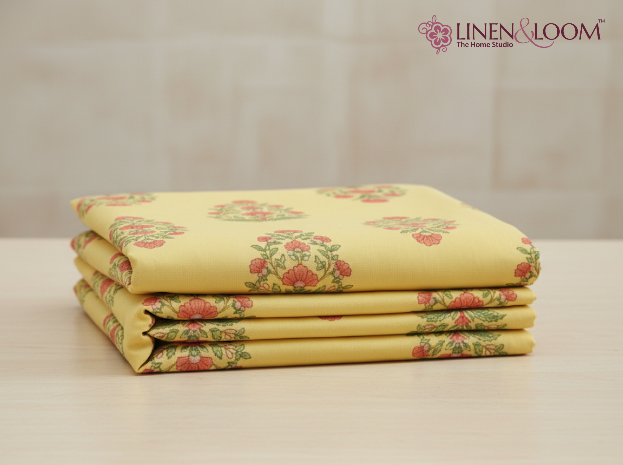 Gulshan Royale-Yellow — Linen & Loom Maharani Motifs Premium 100% Pure Cotton King Size (90x108) Double Bed Bedsheet with 2 Pillow Covers || Floral Printed Elegant Bedroom Bedding Set || 240 TC