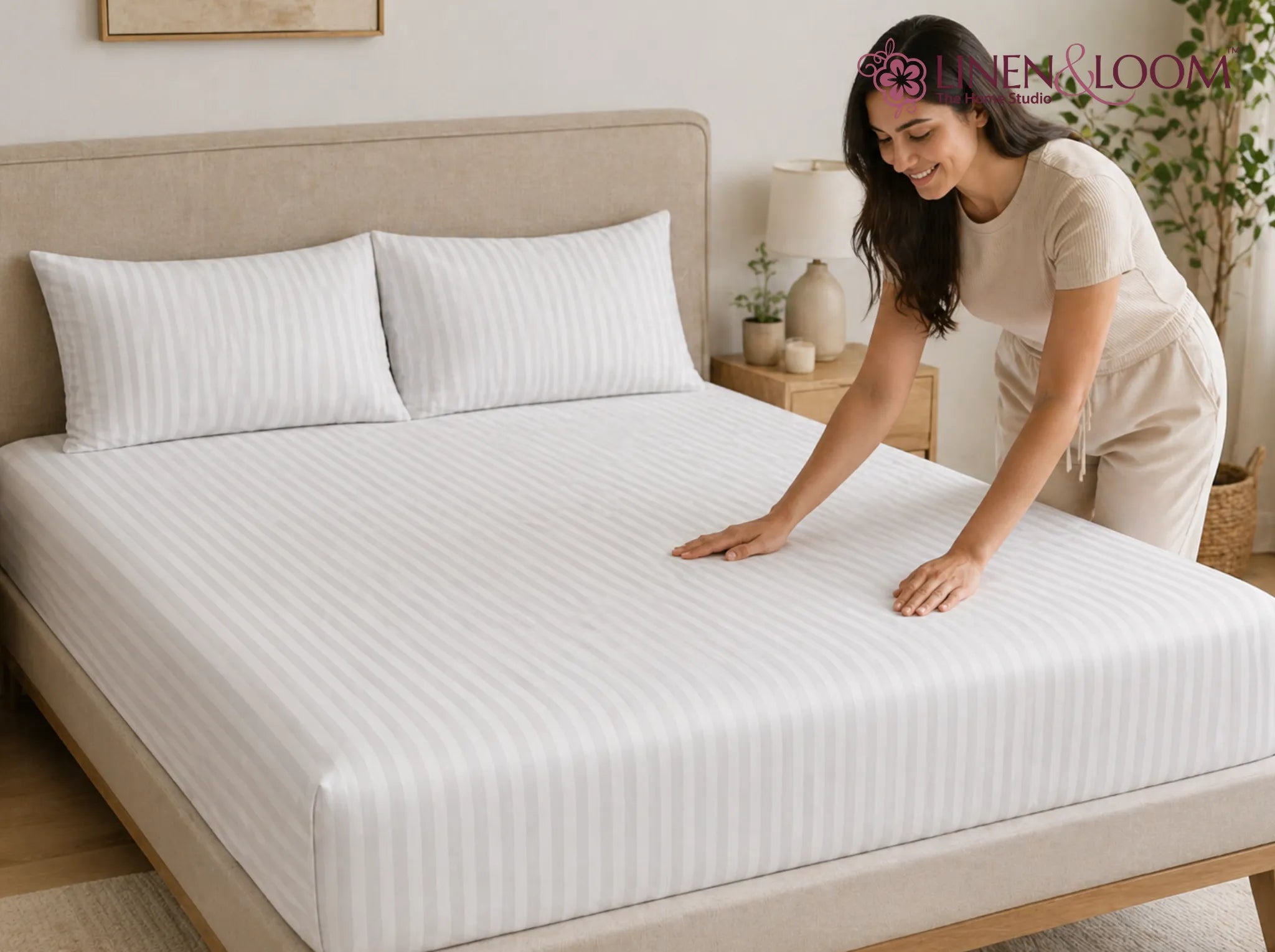 Ivory Cream - Linen & Loom Elegance King Size 360° Fitted (72X78 + 9 inches) Elasticated Bedsheet | Elegant Satin Stripes | No-Slip Design | Snug, Secure Grip | Fits Upto 8 Inch Mattress | 200 TC