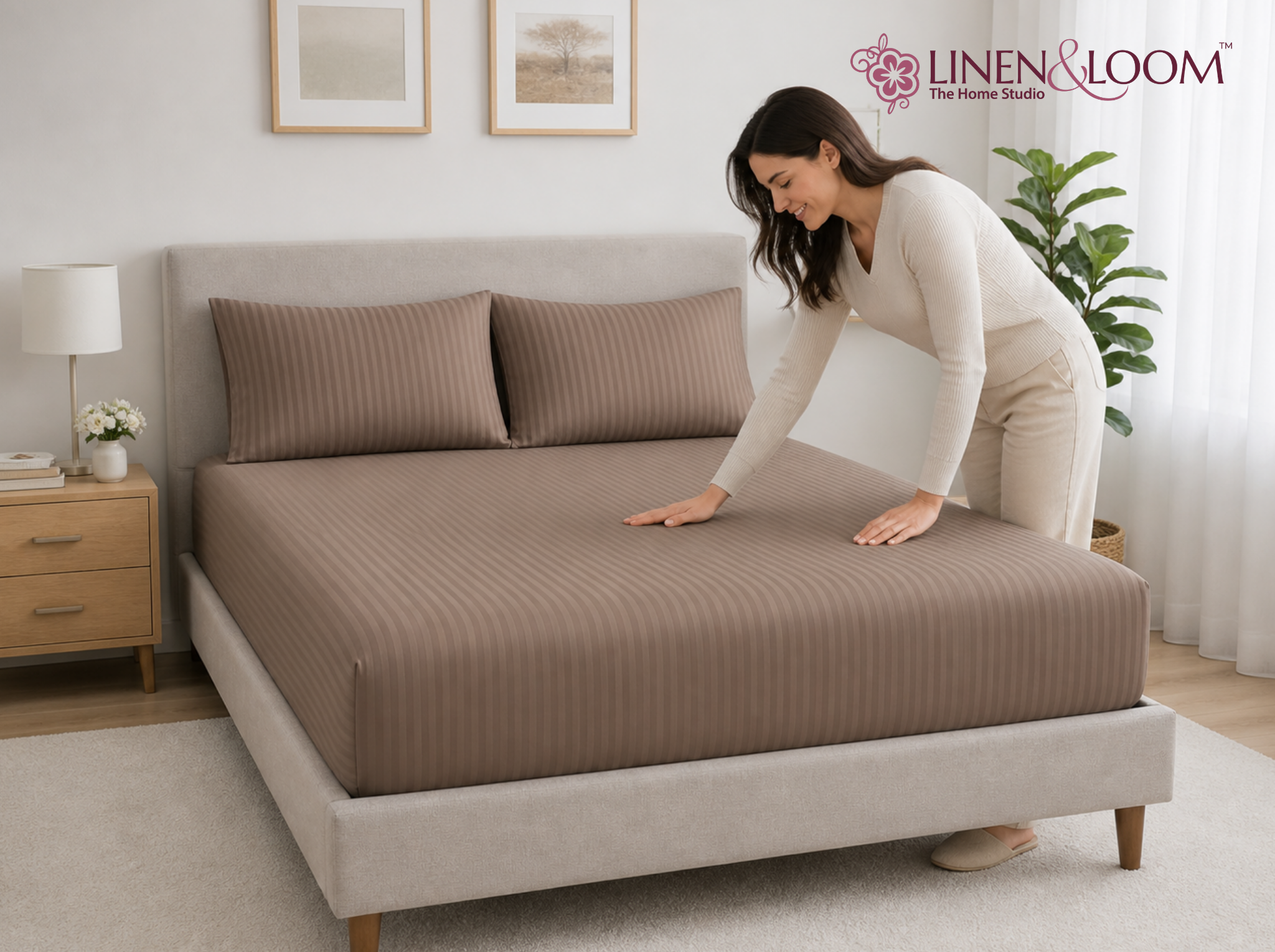 Light Brown - Linen & Loom Elegance King Size 360° Fitted (72X78 + 9 inches) Elasticated Bedsheet | Elegant Satin Stripes | No-Slip Design | Snug, Secure Grip | Fits Upto 8 Inch Mattress | 200 TC