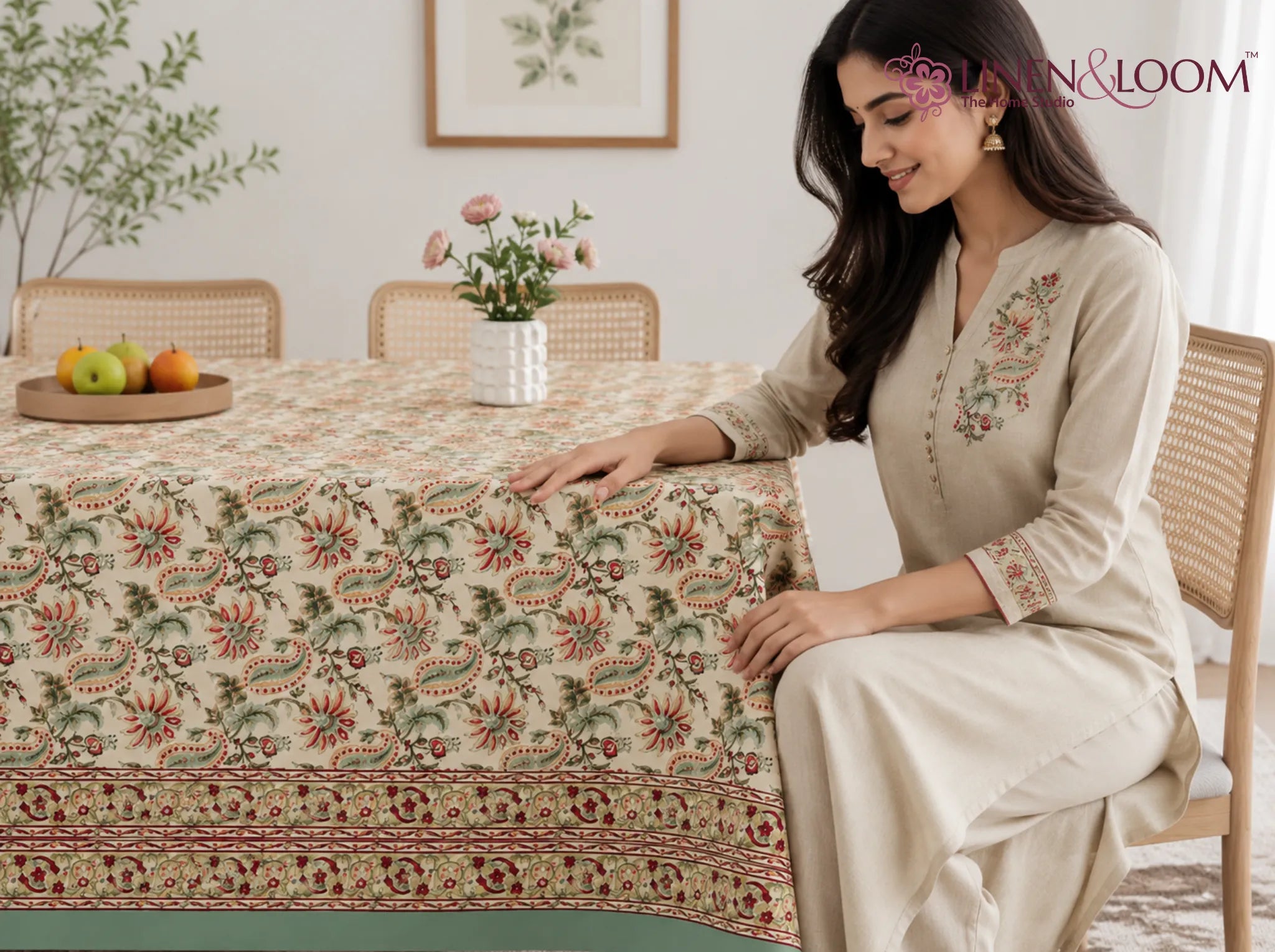 Palace Garden - Linen & Loom Rajwada Heritage 6-Seater Table Cover | 100% Premium Cotton Slub | 200 TC | 160 GSM | 1.5 x 2.25 Meters