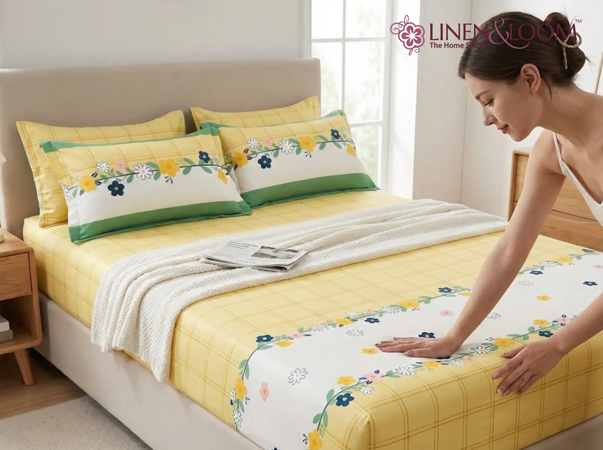 Floral Sunshine - Linen & Loom Pure Comfort Series 360° Elastic Fitted Bedsheet | Soft and Comfortable Bed Linen Set for a Cozy Bedroom | 200 TC | King Size 72x78 inches + 9 inches