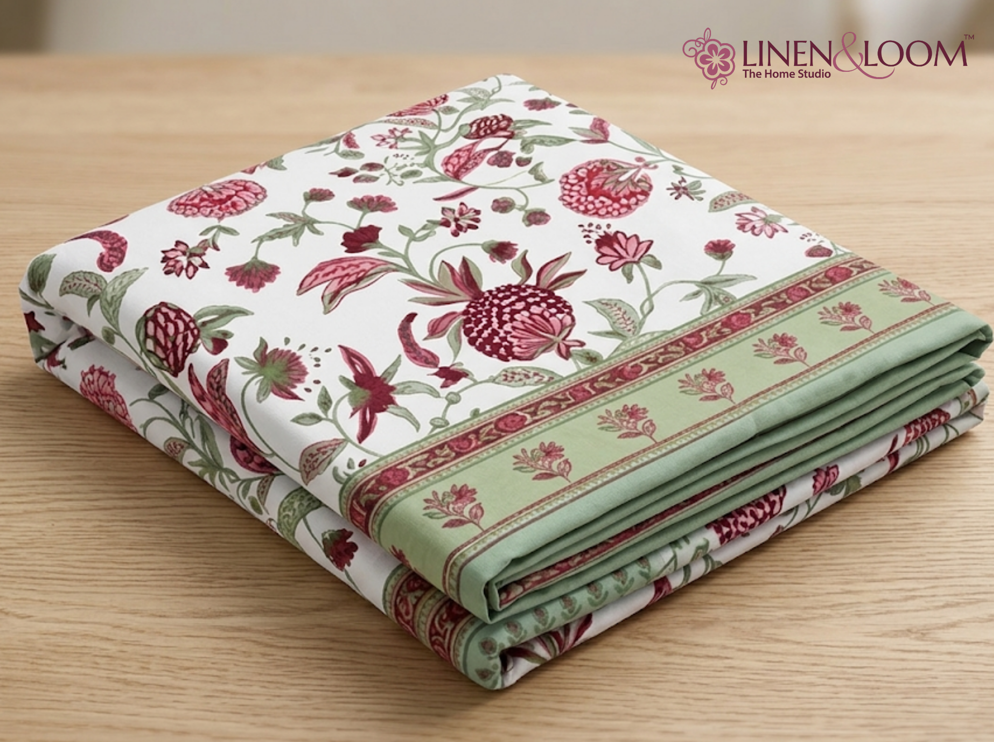 Firdaus Heritage - Red — Linen & Loom Maharani Motifs Premium 100% Pure Cotton King Size (90x108) Double Bed Bedsheet with 2 Pillow Covers || Floral Printed Elegant Bedroom Bedding Set || 240 TC