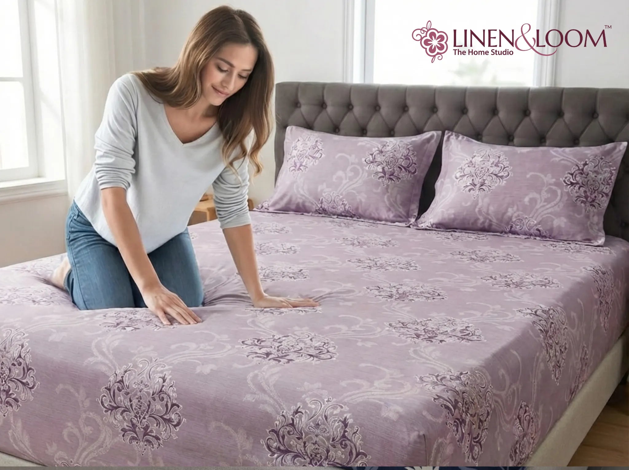 Lavender Damask - Linen & Loom Pure Comfort Series 360° Elastic Fitted Bedsheet | Soft and Comfortable Bed Linen Set for a Cozy Bedroom | 200 TC | King Size 72x78 inches + 9 inches