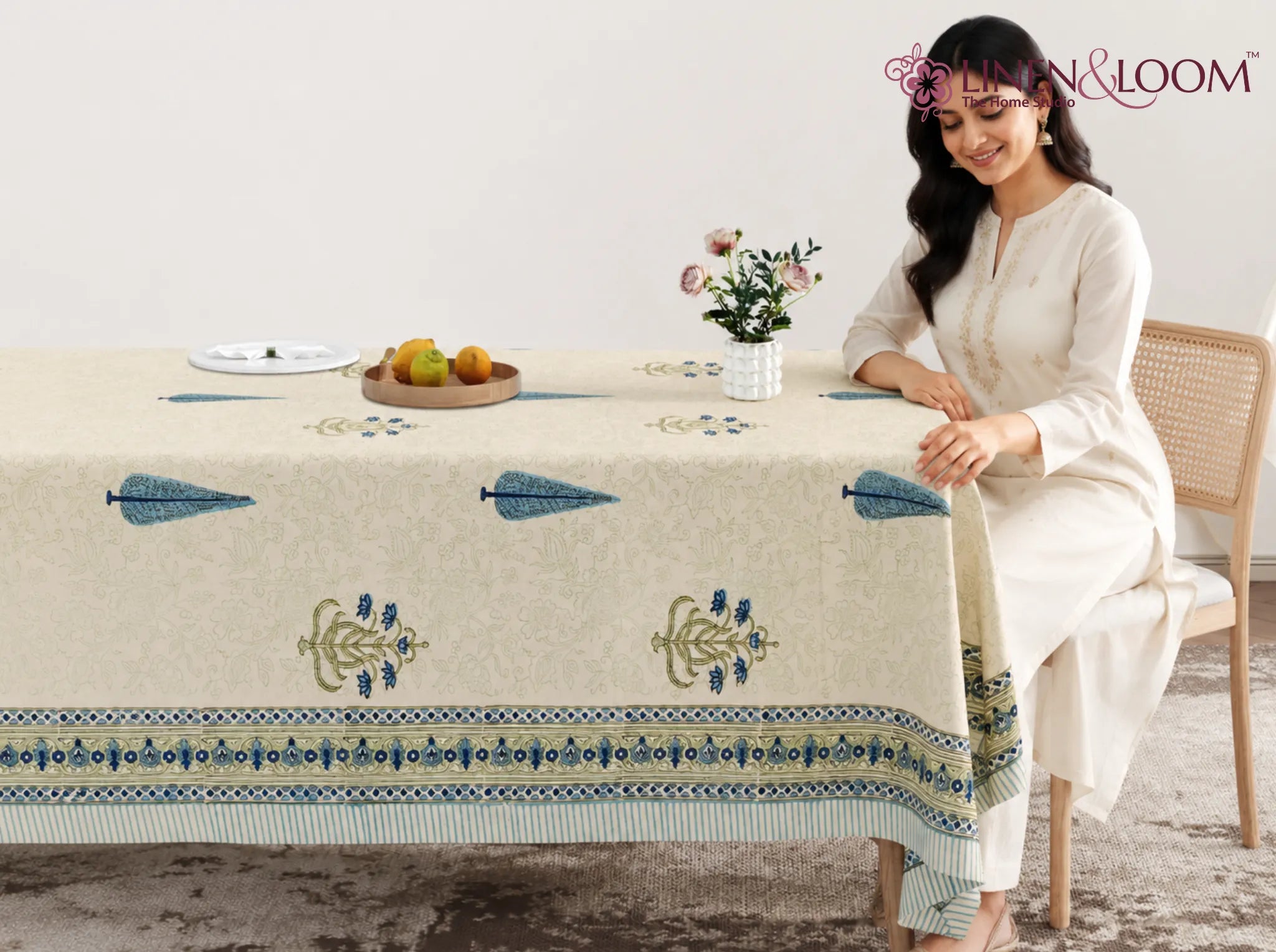 Indigo Heritage - Linen & Loom Rajwada Heritage 6-Seater Table Cover | 100% Premium Cotton Slub | 200 TC | 160 GSM | 1.5 x 2.25 Meters