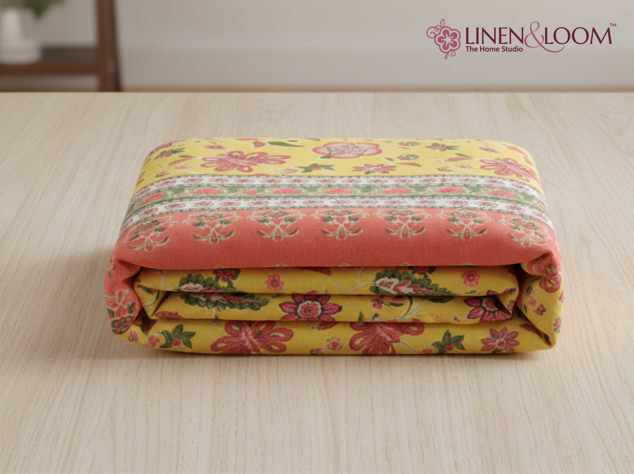 Floral Darbar-Yellow — Linen & Loom Maharani Motifs Premium 100% Pure Cotton King Size (90x108) Double Bed Bedsheet with 2 Pillow Covers || Floral Printed Elegant Bedroom Bedding Set || 240 TC