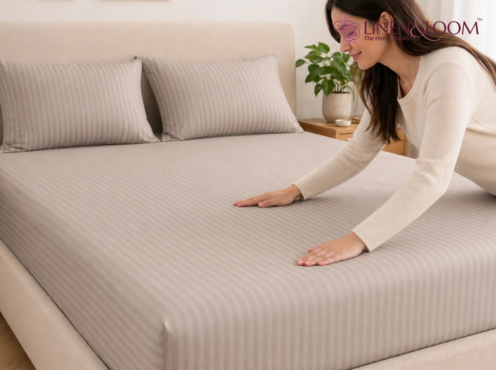 Beige - Linen & Loom Elegance King Size 360° Fitted (72X78 + 9 inches) Elasticated Bedsheet | Elegant Satin Stripes | No-Slip Design | Snug, Secure Grip | Fits Upto 8 Inch Mattress | 200 TC