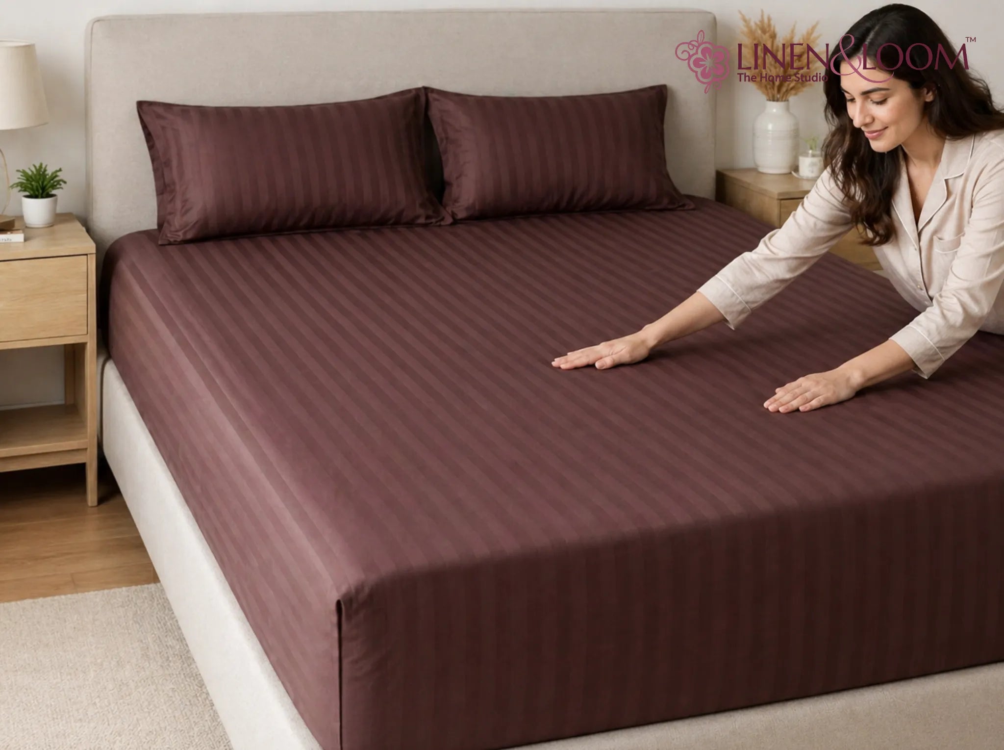 Brown - Linen & Loom Elegance King Size 360° Fitted (72X78 + 9 inches) Elasticated Bedsheet | Elegant Satin Stripes | No-Slip Design | Snug, Secure Grip | Fits Upto 8 Inch Mattress | 200 TC