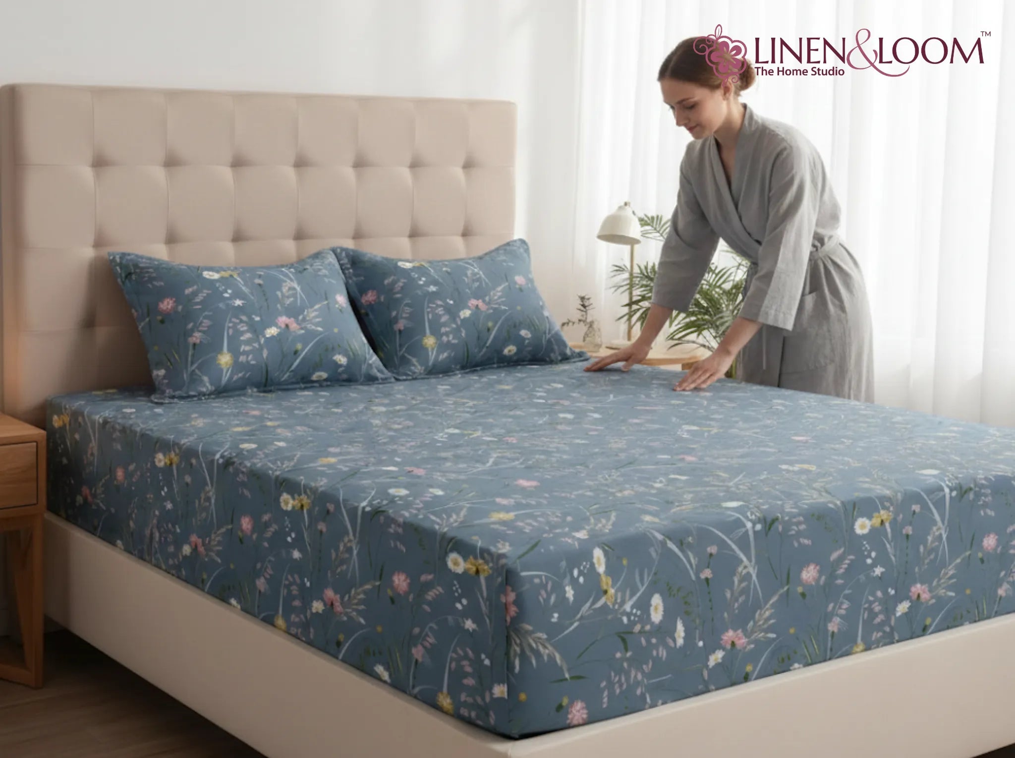 Soft Prairie - Linen & Loom Pure Comfort Series 360° Elastic Fitted Bedsheet | Soft and Comfortable Bed Linen Set for a Cozy Bedroom | 200 TC | King Size 72x78 inches + 9 inches