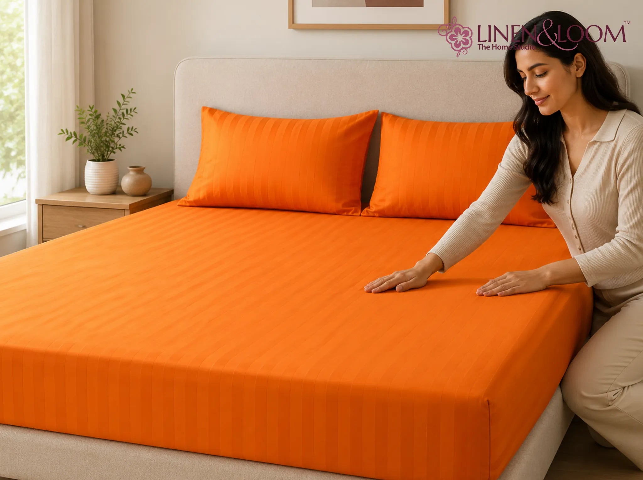 Orange - Linen & Loom Elegance King Size 360° Fitted (72X78 + 9 inches) Elasticated Bedsheet | Elegant Satin Stripes | No-Slip Design | Snug, Secure Grip | Fits Upto 8 Inch Mattress | 200 TC