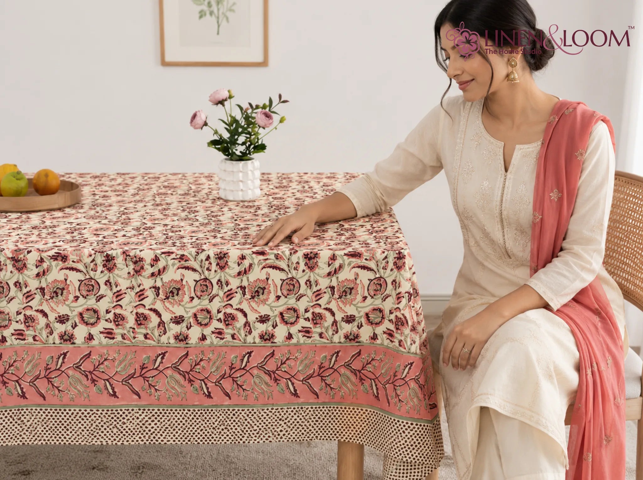 Blossom Trellis - Linen & Loom Rajwada Heritage 6-Seater Table Cover | 100% Premium Cotton Slub | 200 TC | 160 GSM | 1.5 x 2.25 Meters