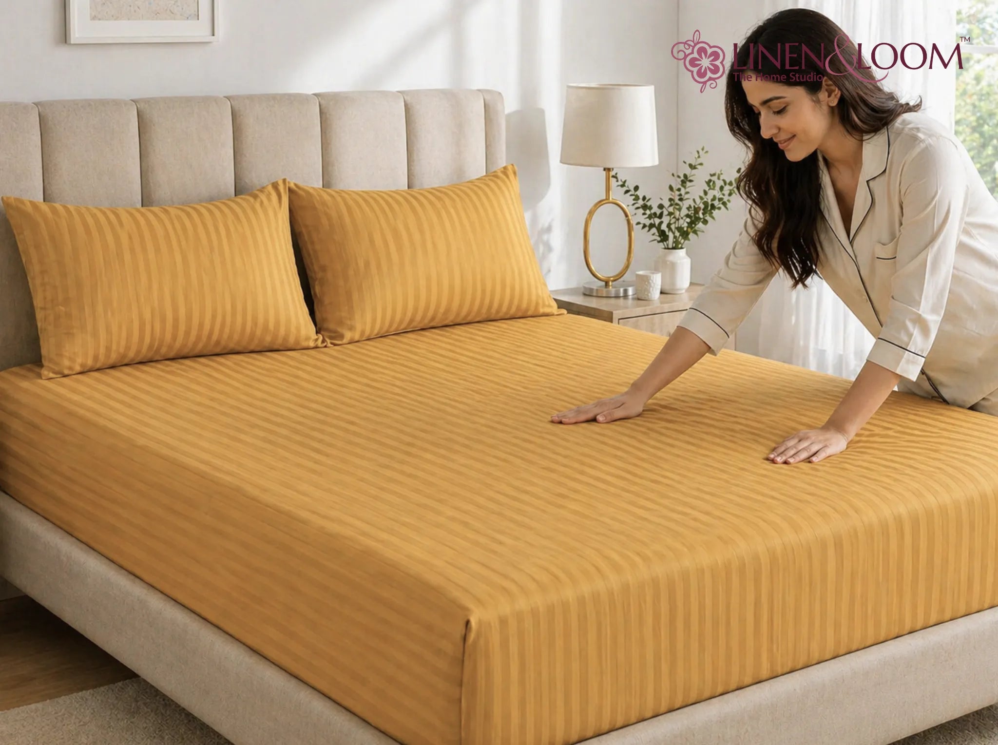 Yellow - Linen & Loom Elegance King Size 360° Fitted (72X78 + 9 inches) Elasticated Bedsheet | Elegant Satin Stripes | No-Slip Design | Snug, Secure Grip | Fits Upto 8 Inch Mattress | 200 TC