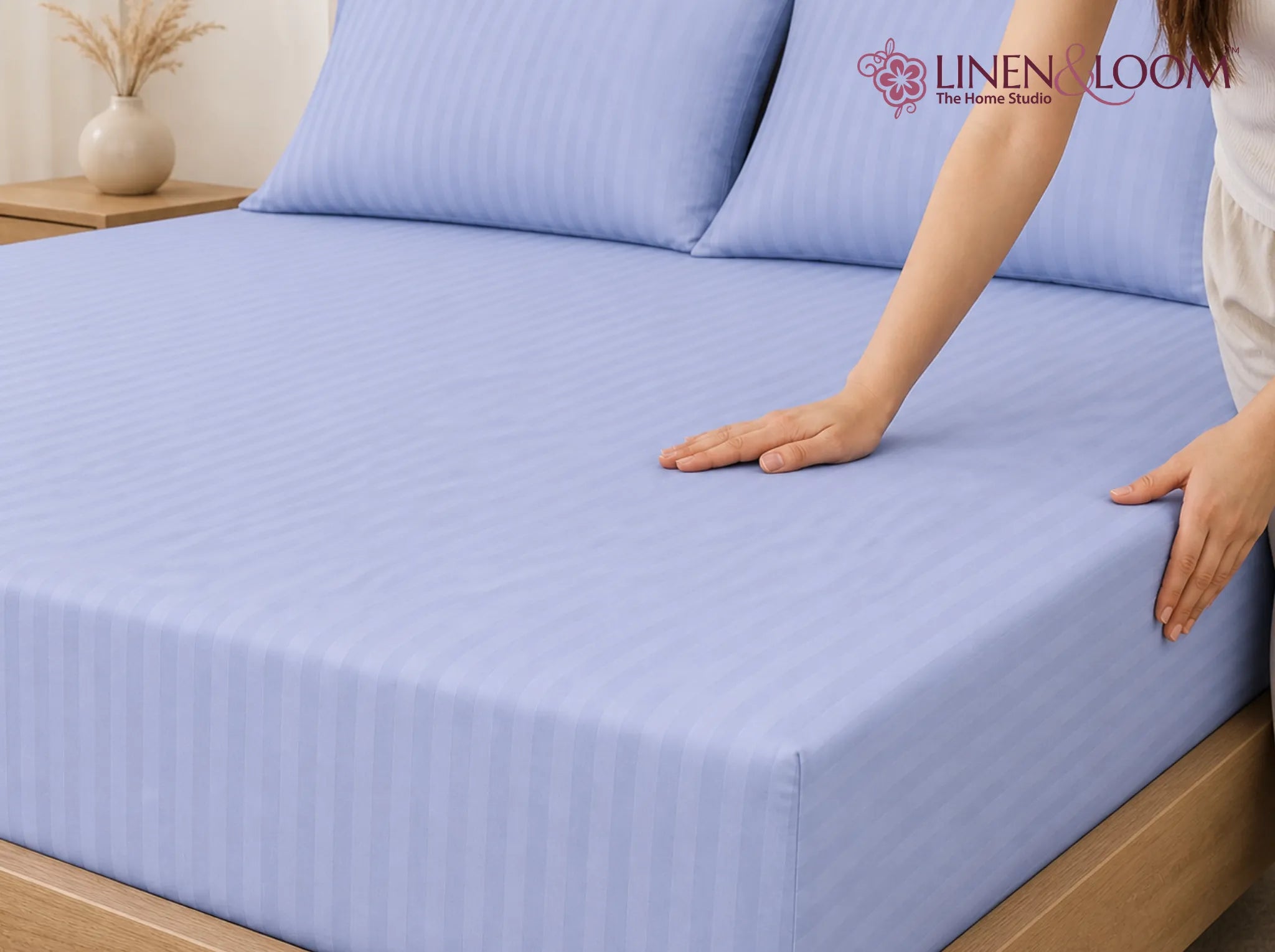 Powder Blue - Linen & Loom Elegance King Size 360° Fitted (72X78 + 9 inches) Elasticated Bedsheet | Elegant Satin Stripes | No-Slip Design | Snug, Secure Grip | Fits Upto 8 Inch Mattress | 200 TC
