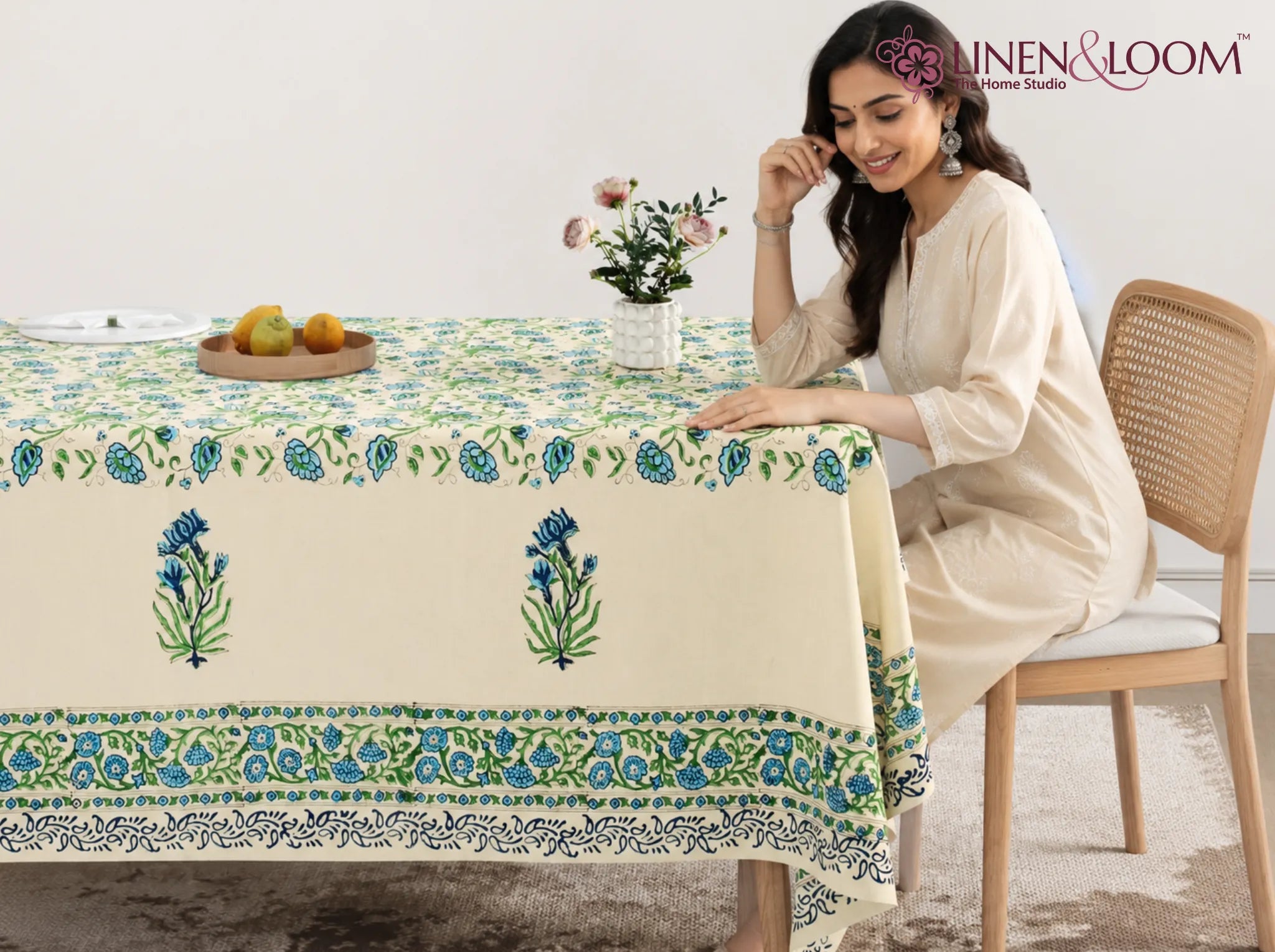 Jaipur Azure - Linen & Loom Rajwada Heritage 6-Seater Table Cover | 100% Premium Cotton Slub | 200 TC | 160 GSM | 1.5 x 2.25 Meters