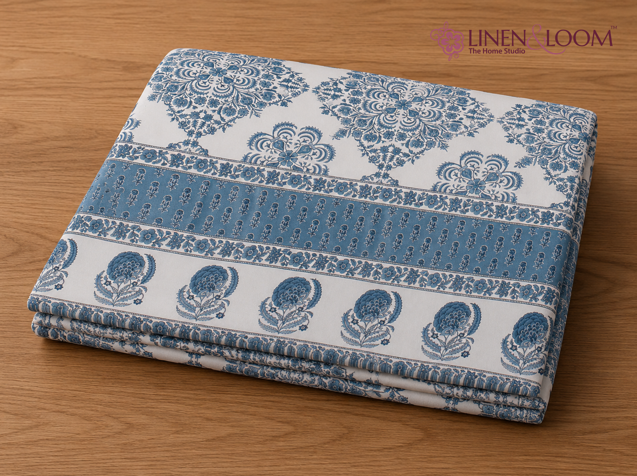Ornate Heritage_Blue — Linen & Loom Jaipur Heritage Super King Size (108 x 108 inches) 100% Pure Cotton Bedsheet with 2 Pillow Covers | Soft & Breathable Bed Cover for Home Decor | 240 TC