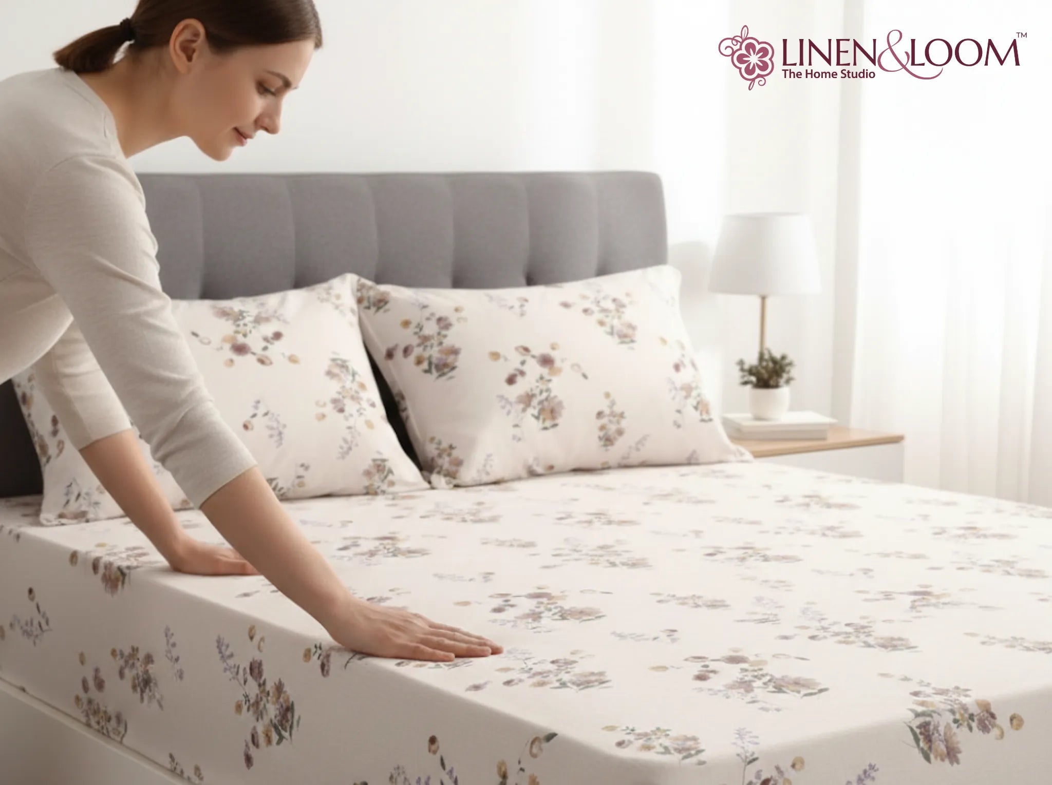 Rustic Bloom - Linen & Loom Pure Comfort Series 360° Elastic Fitted Bedsheet | Soft and Comfortable Bed Linen Set for a Cozy Bedroom | 200 TC | King Size 72x78 inches + 9 inches