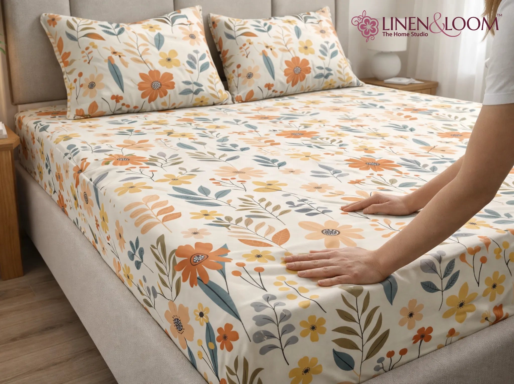 Calm Garden - Linen & Loom Pure Comfort Series 360° Elastic Fitted Bedsheet | Soft and Comfortable Bed Linen Set for a Cozy Bedroom | 200 TC | King Size 72x78 inches + 9 inches