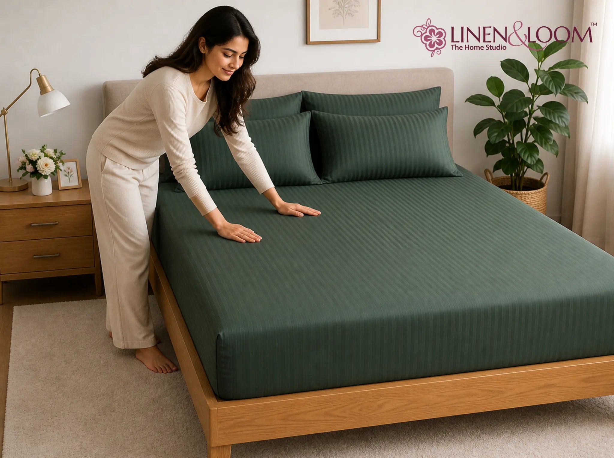 Mediterranean Green - Linen & Loom Elegance King Size 360° Fitted (72X78 + 9 inches) Elasticated Bedsheet | Elegant Satin Stripes | No-Slip Design | Snug, Secure Grip | Fits Upto 8 Inch Mattress | 200 TC