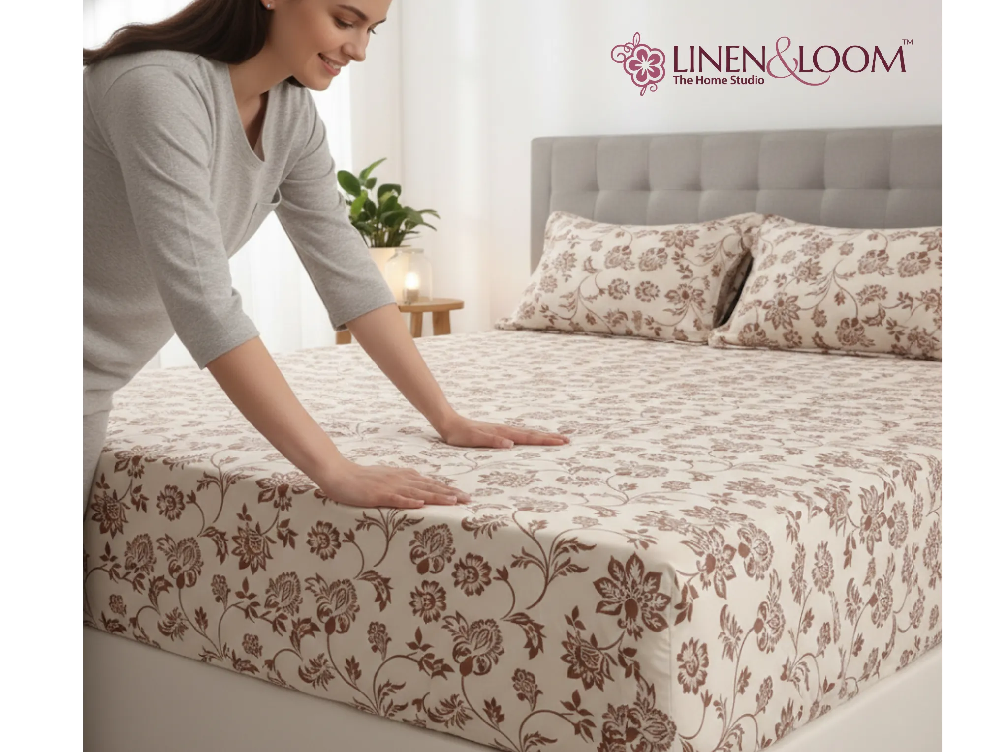 Cocoa Blossom - Linen & Loom Pure Comfort Series 360° Elastic Fitted Bedsheet | Soft and Comfortable Bed Linen Set for a Cozy Bedroom | 200 TC | King Size 72x78 inches + 9 inches