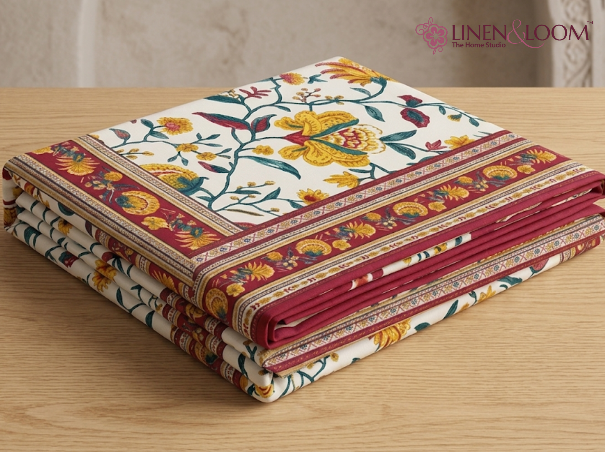 Gulistan Royale - Yellow — Linen & Loom Maharani Motifs Premium 100% Pure Cotton King Size (90x108) Double Bed Bedsheet with 2 Pillow Covers || Floral Printed Elegant Bedroom Bedding Set || 240 TC