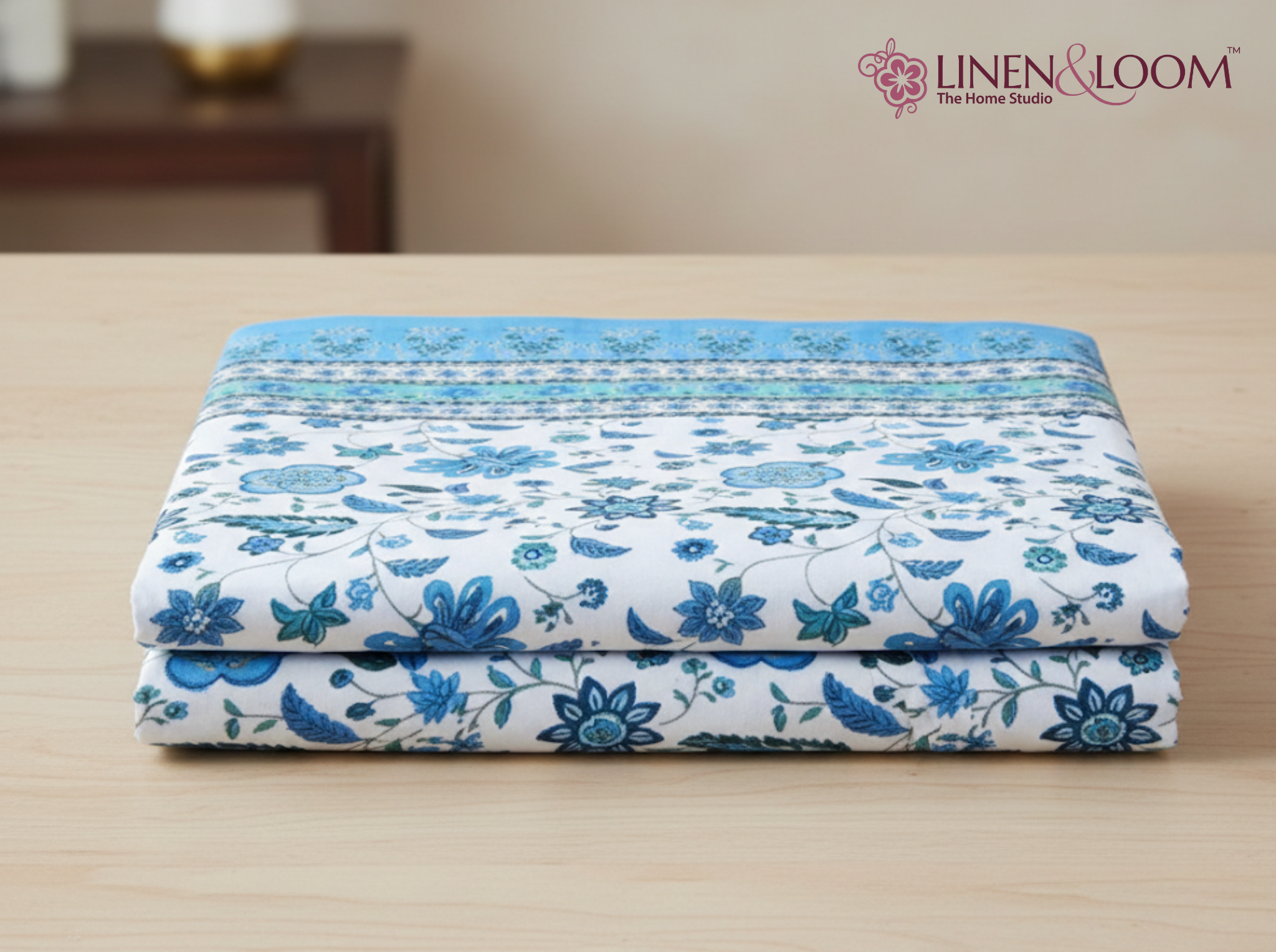 Floral Darbar-Blue — Linen & Loom Maharani Motifs Premium 100% Pure Cotton King Size (90x108) Double Bed Bedsheet with 2 Pillow Covers || Floral Printed Elegant Bedroom Bedding Set || 240 TC