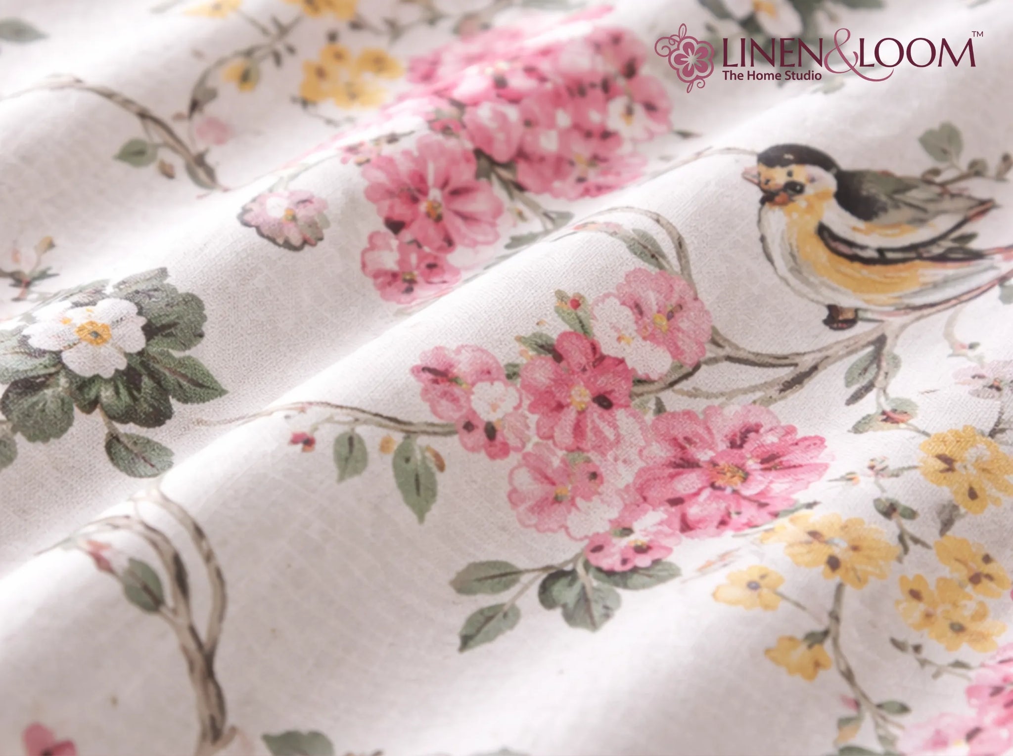Pink Blossom Aviary - Linen & Loom The Natural Collection - 100% Pure Cotton Single Bedsheet (60 x 90 Inches) with 1 Pillow Cover | 240 TC - Soft & Breathable Cotton Bed Sheet for Bedroom