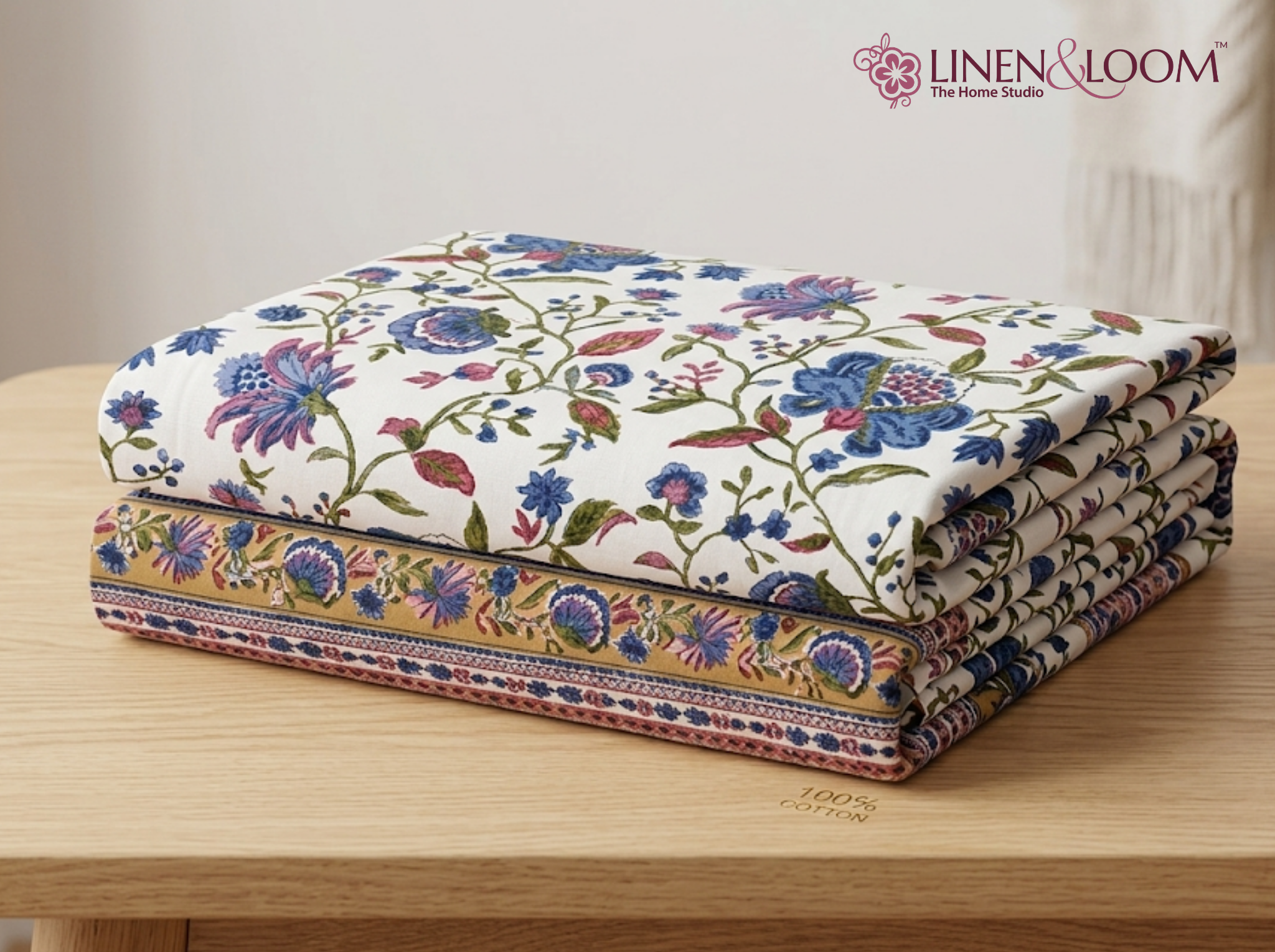 Gulistan Royale - Blue — Linen & Loom Maharani Motifs Premium 100% Pure Cotton King Size (90x108) Double Bed Bedsheet with 2 Pillow Covers || Floral Printed Elegant Bedroom Bedding Set || 240 TC