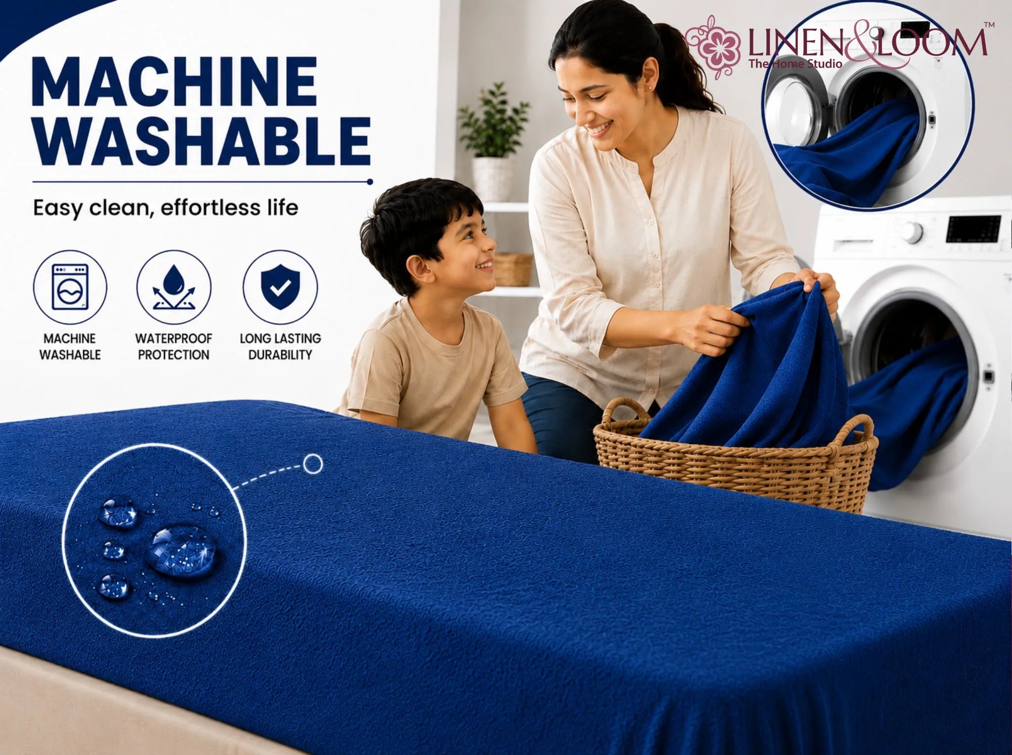 Navy Blue - Linen & Loom Premium Mattress Protector | King Size (72 x 78 Inches) | Waterproof Fitted Mattress Cover