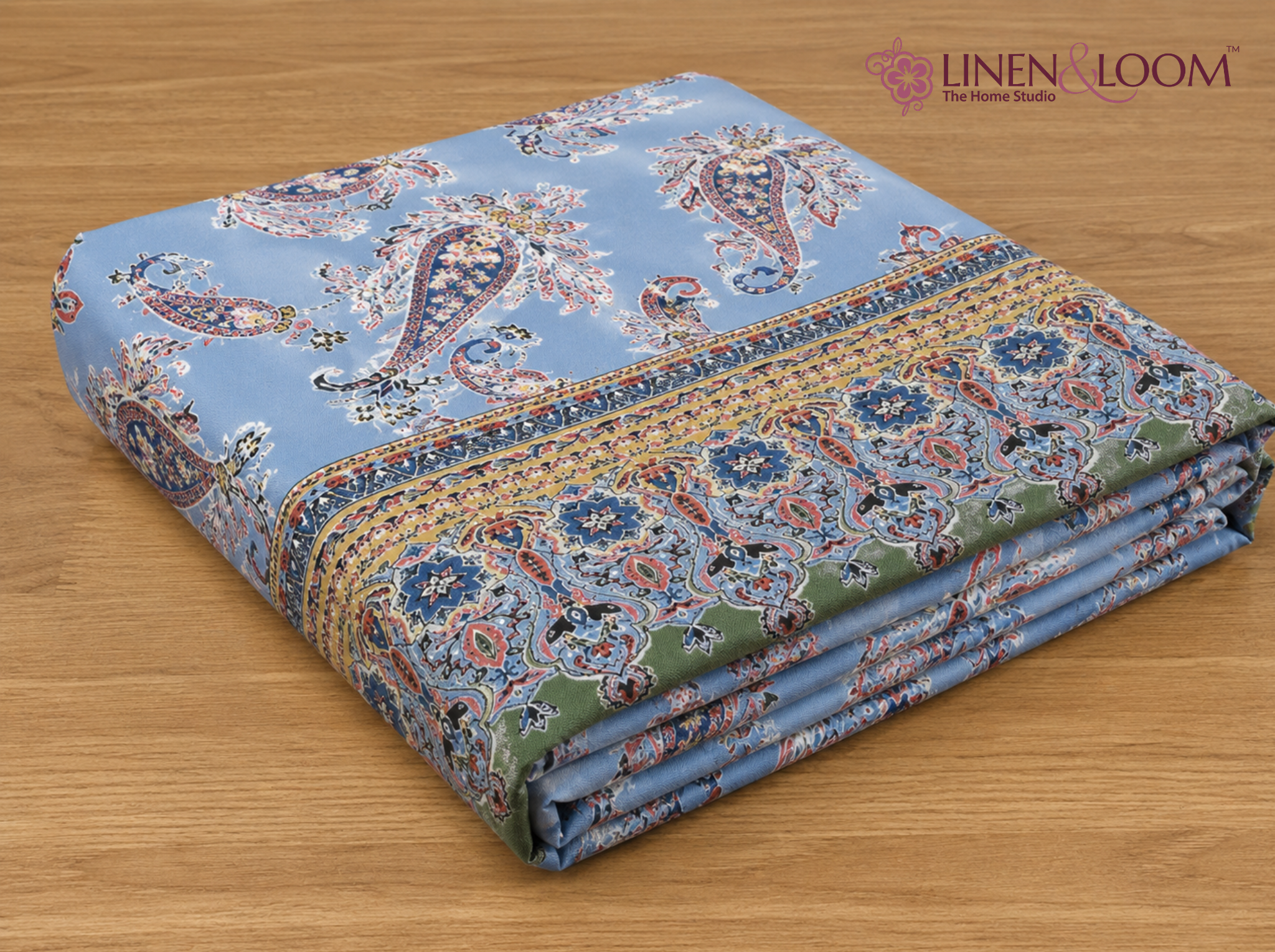 Rajwada Paisley-Blue — Linen & Loom Maharani Motifs Premium 100% Pure Cotton King Size (90x108) Double Bed Bedsheet with 2 Pillow Covers || Floral Printed Elegant Bedroom Bedding Set || 240 TC