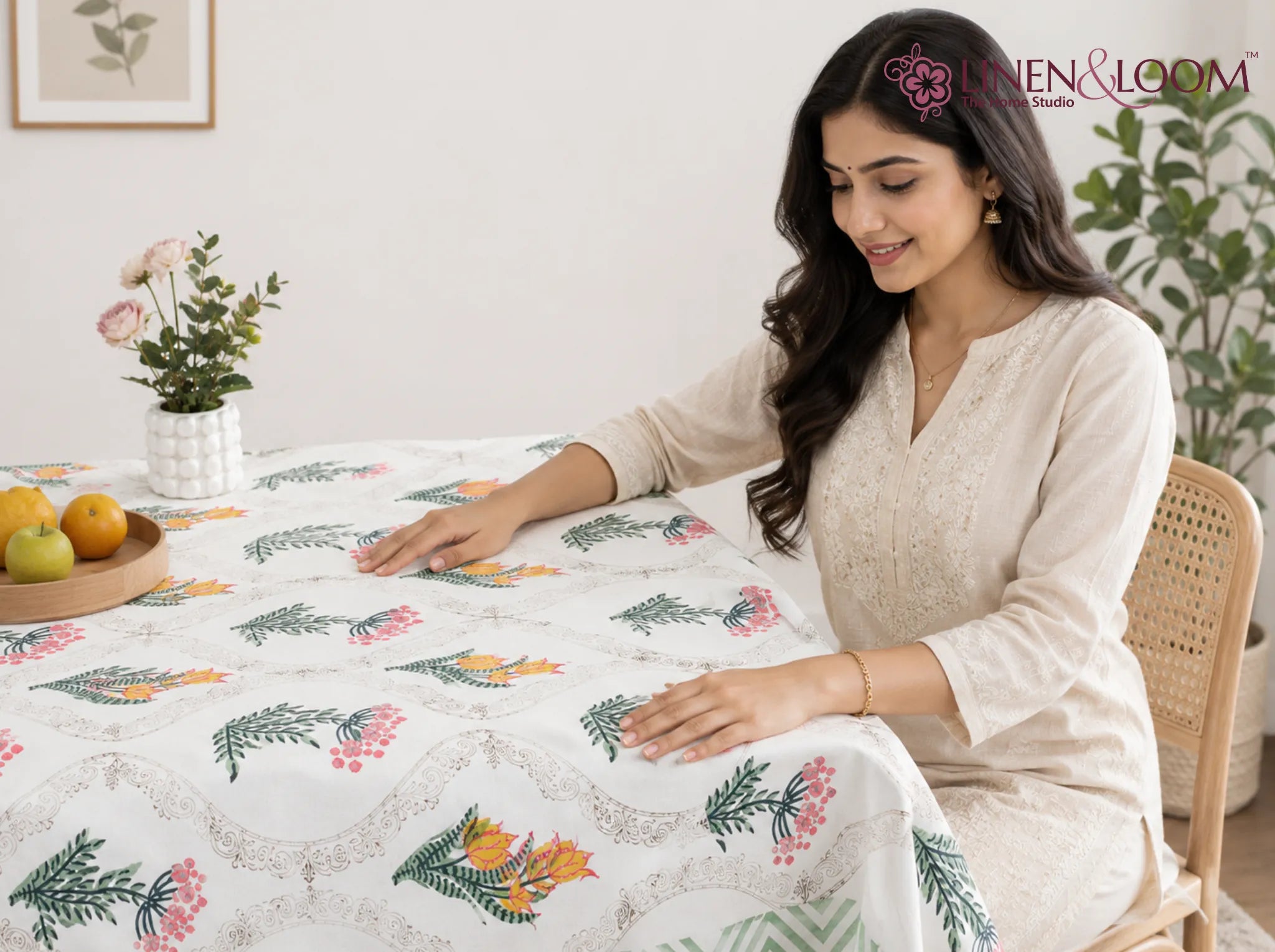 Heritage Bouquet - Linen & Loom Rajwada Heritage 6-Seater Table Cover | 100% Premium Cotton Slub | 200 TC | 160 GSM | 1.5 x 2.25 Meters