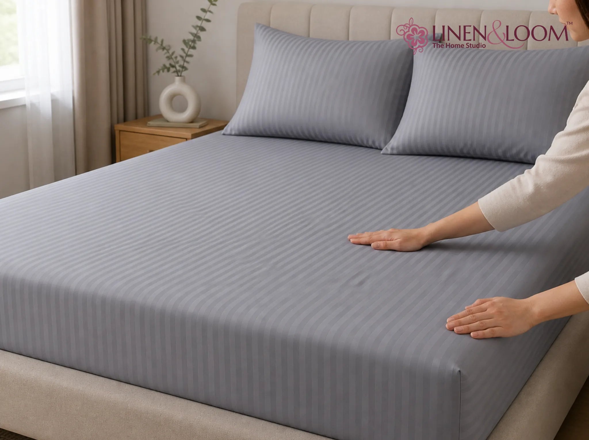 Grey - Linen & Loom Elegance King Size 360° Fitted (72X78 + 9 inches) Elasticated Bedsheet | Elegant Satin Stripes | No-Slip Design | Snug, Secure Grip | Fits Upto 8 Inch Mattress | 200 TC