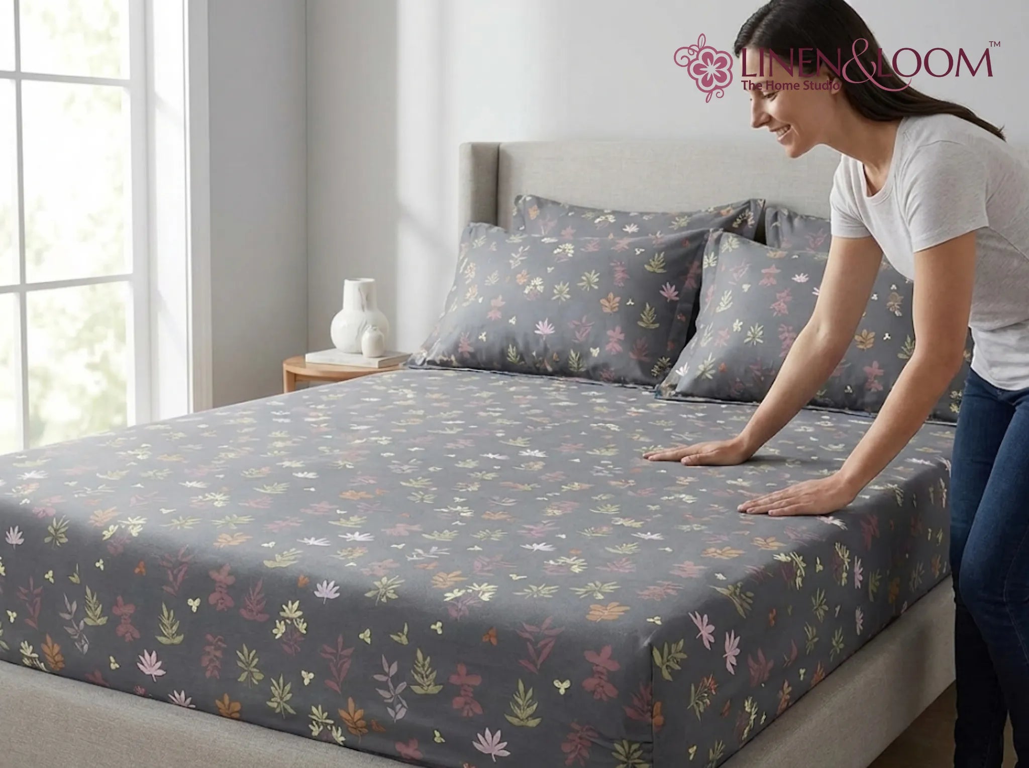 Midnight Sprig - Linen & Loom Pure Comfort Series 360° Elastic Fitted Bedsheet | Soft and Comfortable Bed Linen Set for a Cozy Bedroom | 200 TC | King Size 72x78 inches + 9 inches