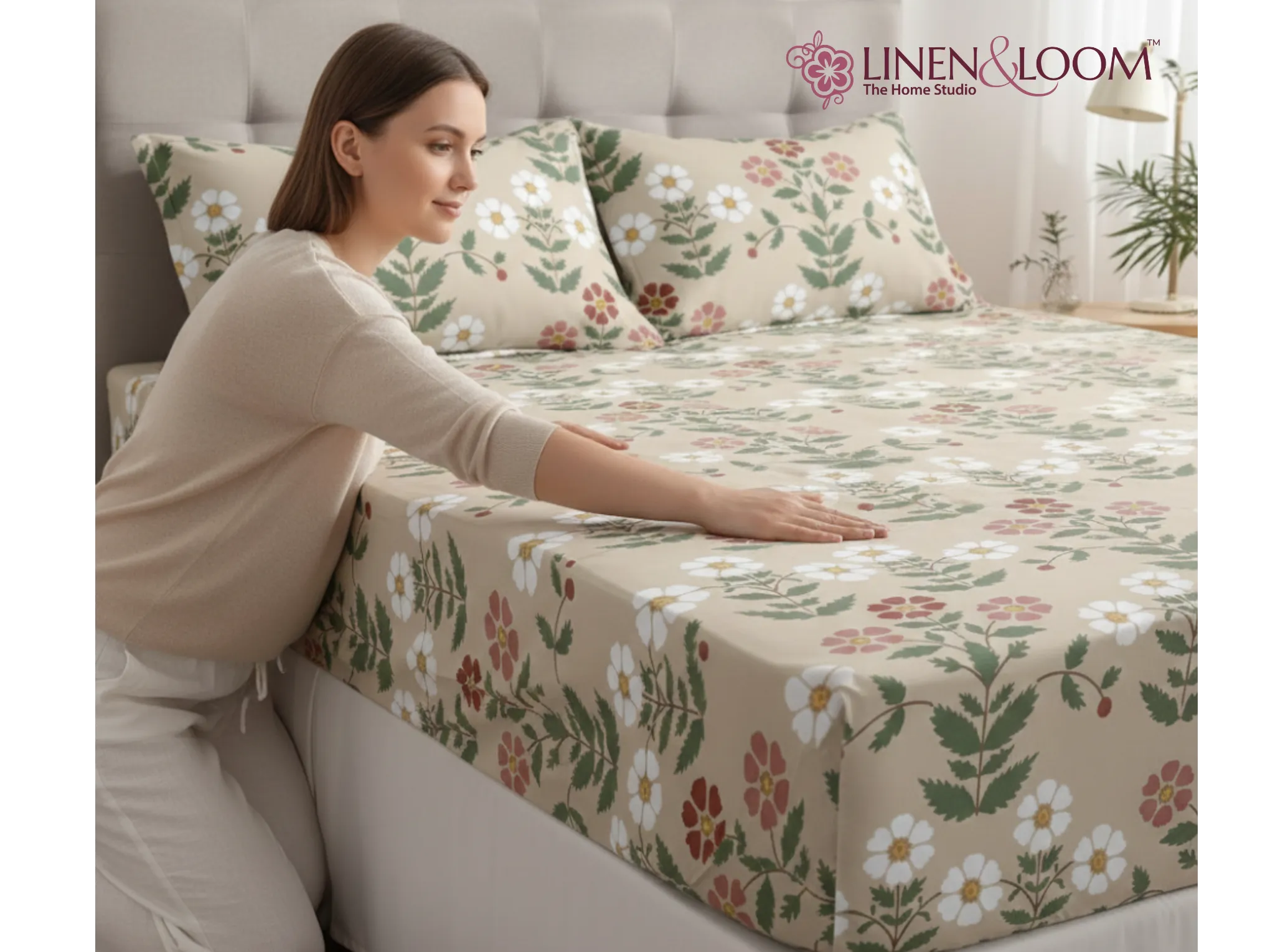 Meadow Bloom - Linen & Loom Pure Comfort Series 360° Elastic Fitted Bedsheet | Soft and Comfortable Bed Linen Set for a Cozy Bedroom | 200 TC | King Size 72x78 inches + 9 inches